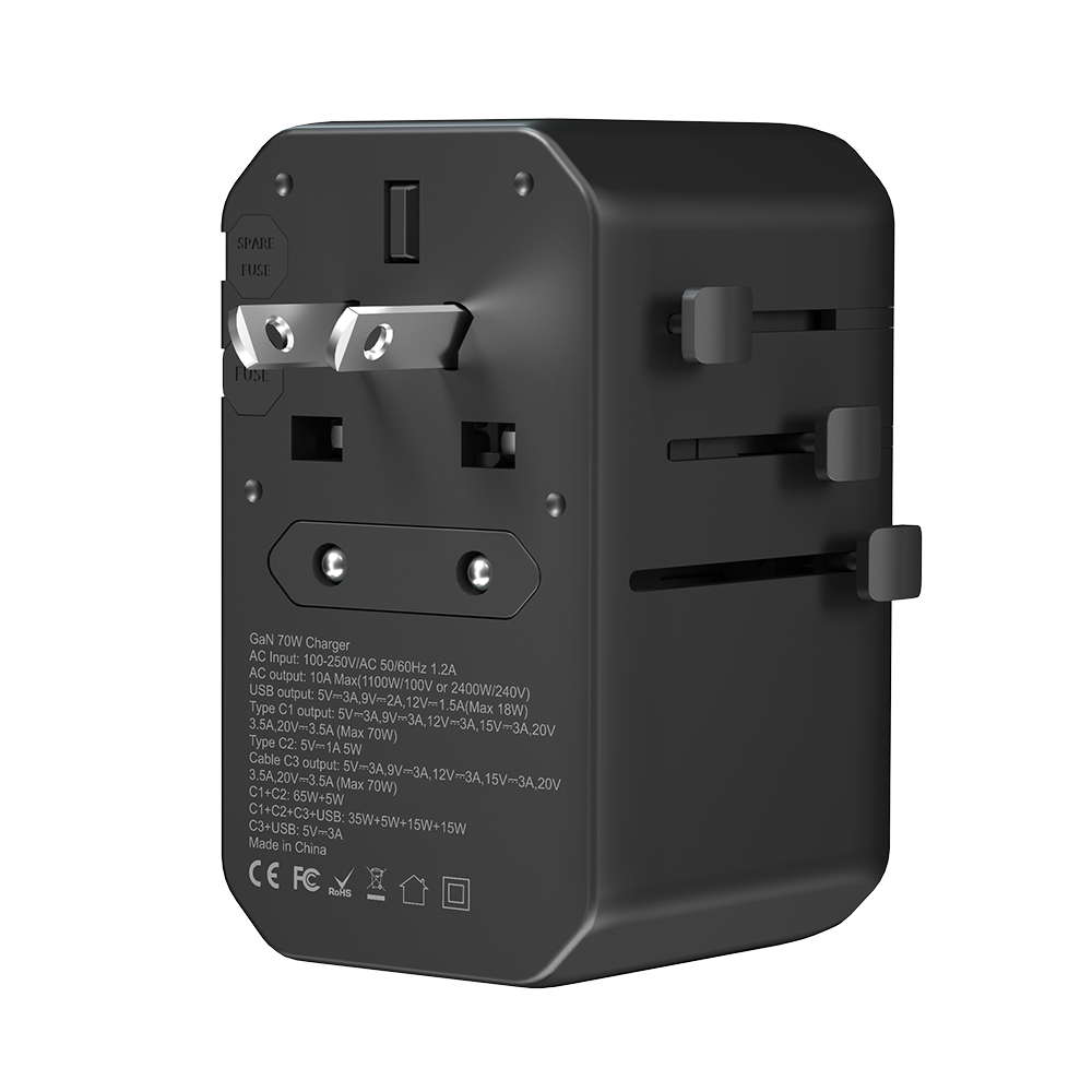 PD70W GAN International Plug Universal Travel Adapter Fast Charger Mobile Phone with Type C Retractable Cable