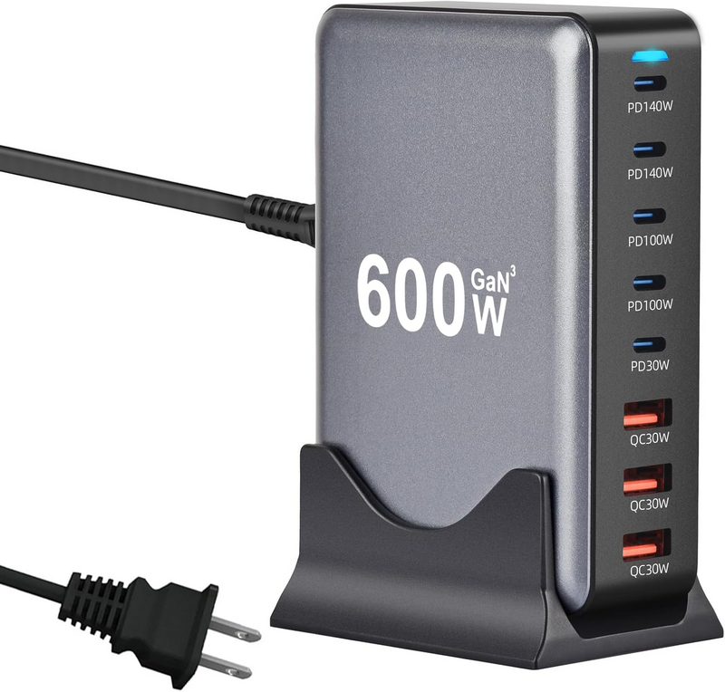 600W USB C Fast Charger Block, 8 Port Charging Station, GaN Ⅲ Multi Port Charging Station Hub for Multiple Devices, Multiport USB Charger Station Compatible with MacBook iPhone iPad Dell