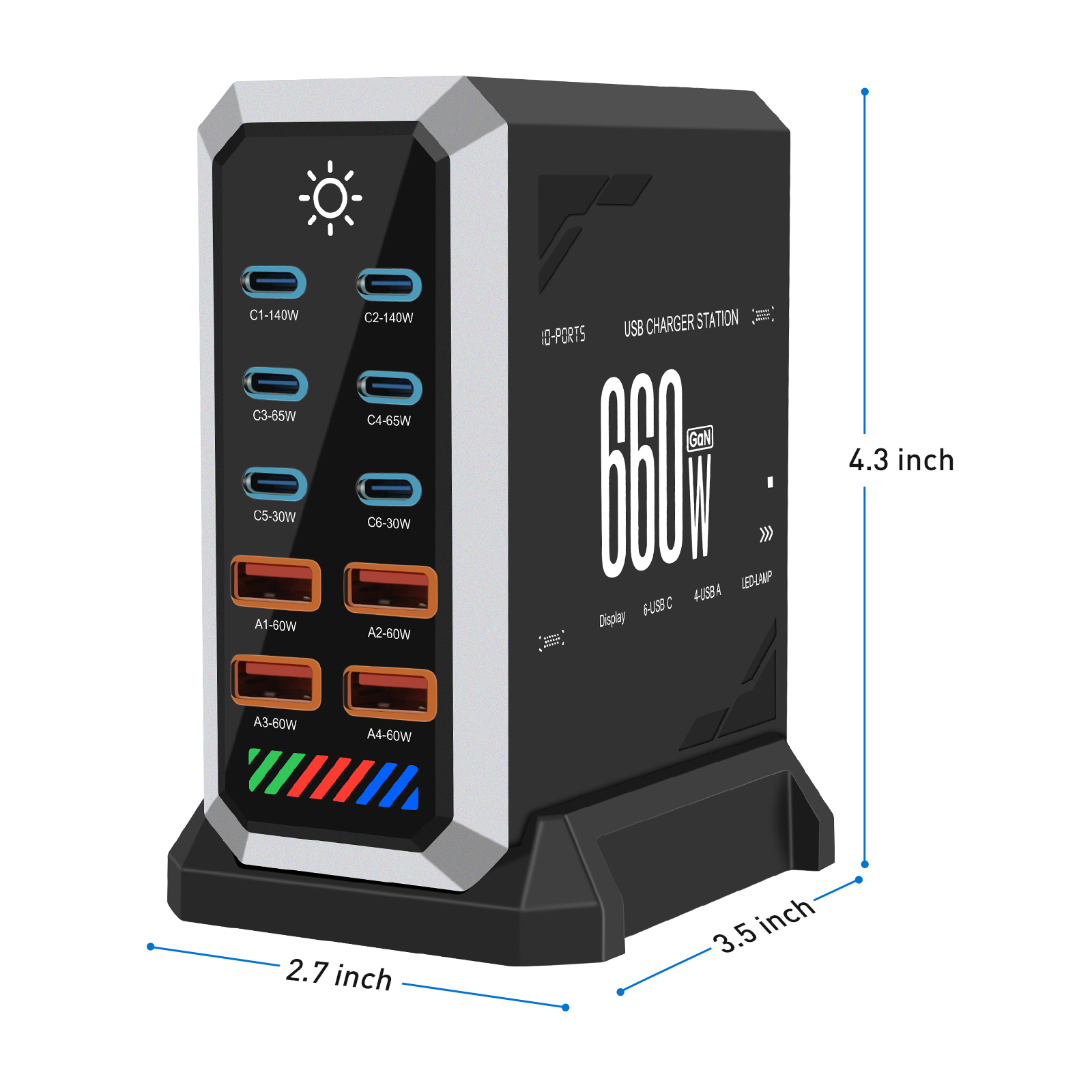 10-Port 660W Smart Desktop Charging Station 140W USB-C PD Quick Charge 3.0 OCP Short Circuit Protection EU 65W Adapter for Home/Industry 5V3A UK