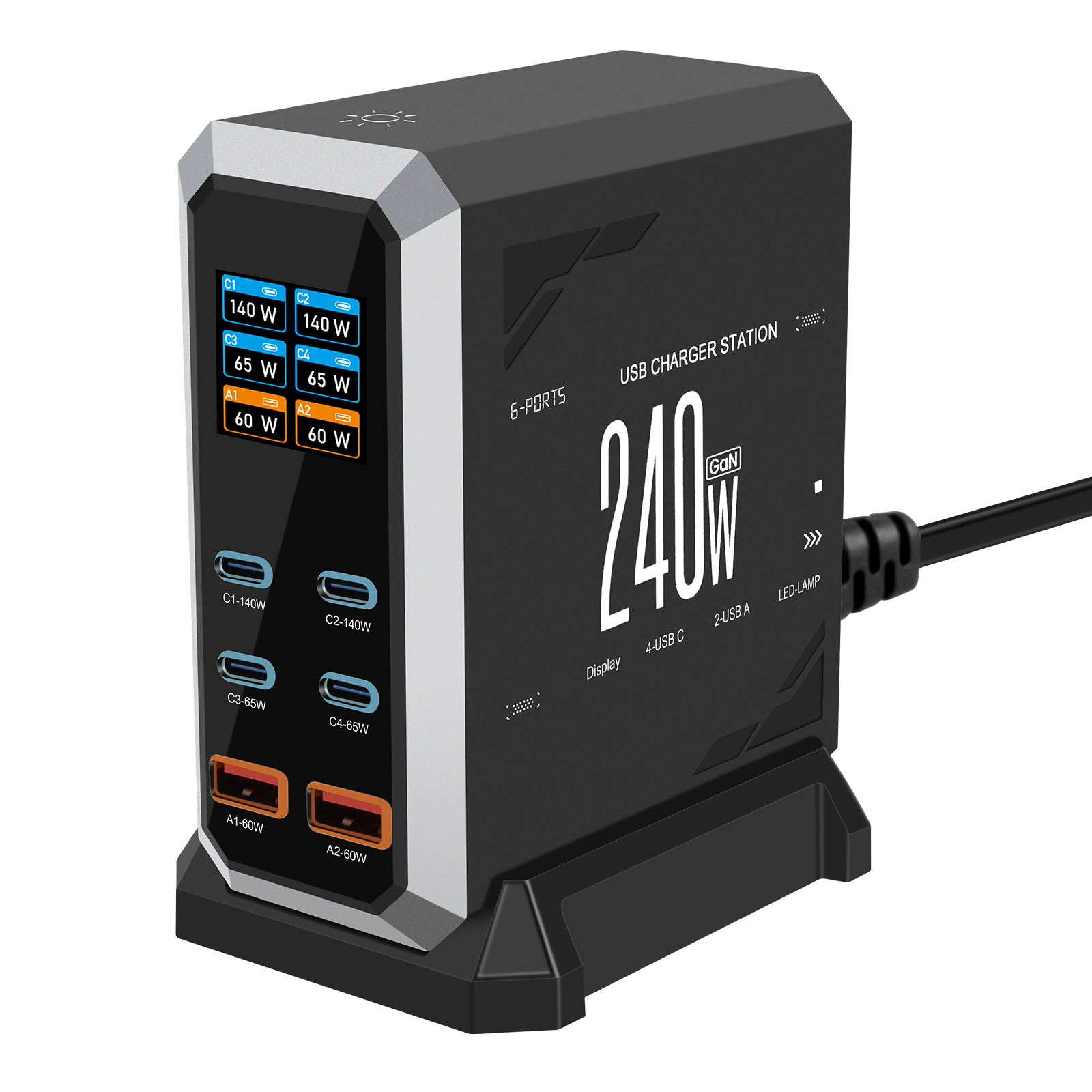 240W TFT Display 4C2A GaN Desktop Charger USB Type C PD3.1 3.0 PPS US EU AU UK KC JP Plug Portable PD Adapter for Macbook