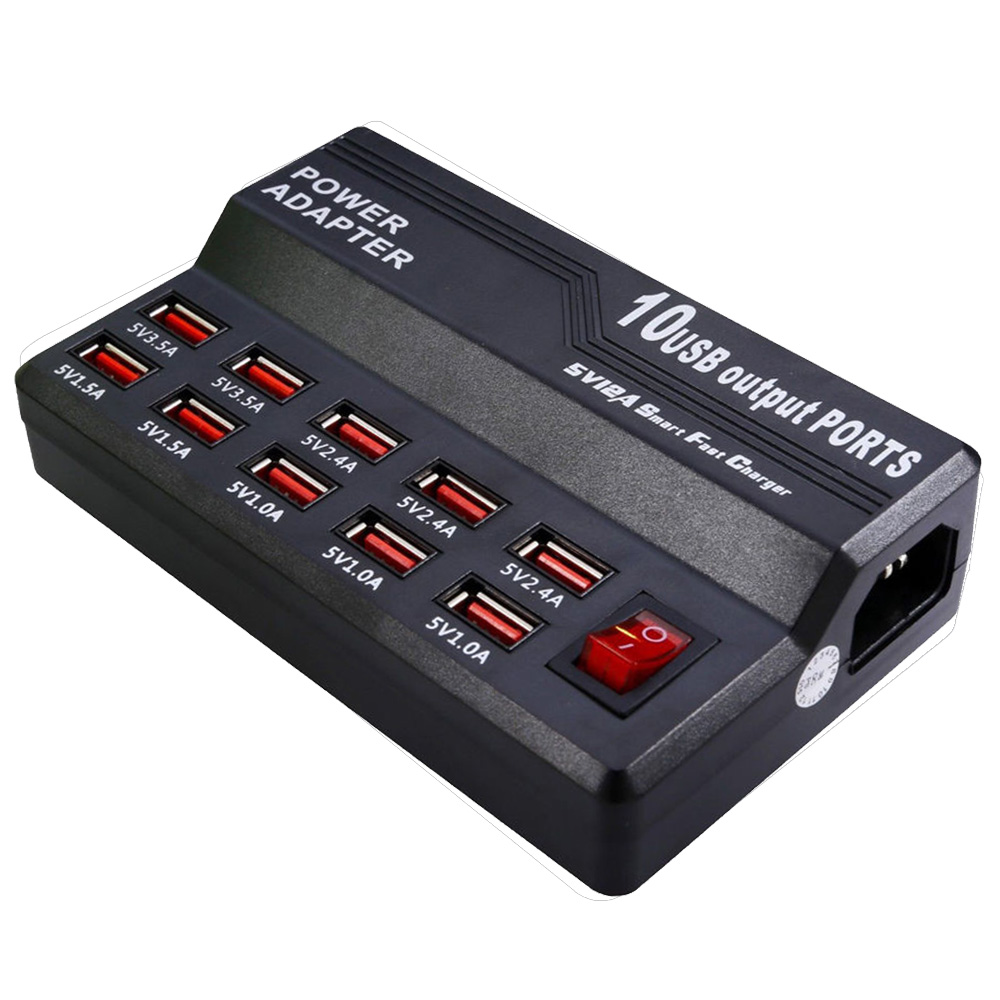 10-Port USB2.0 10A 50W Multi Charger Station with Switch 5V 1A 2.4A Output for Mobile Phones Convenient Travel Charger