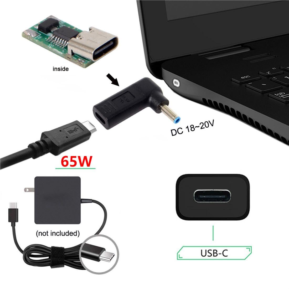 USB 3.1 Type C USB-C to DC 4.5mmx3.0mm for hp Adapter Emulator Trigger 90 Degree Angled