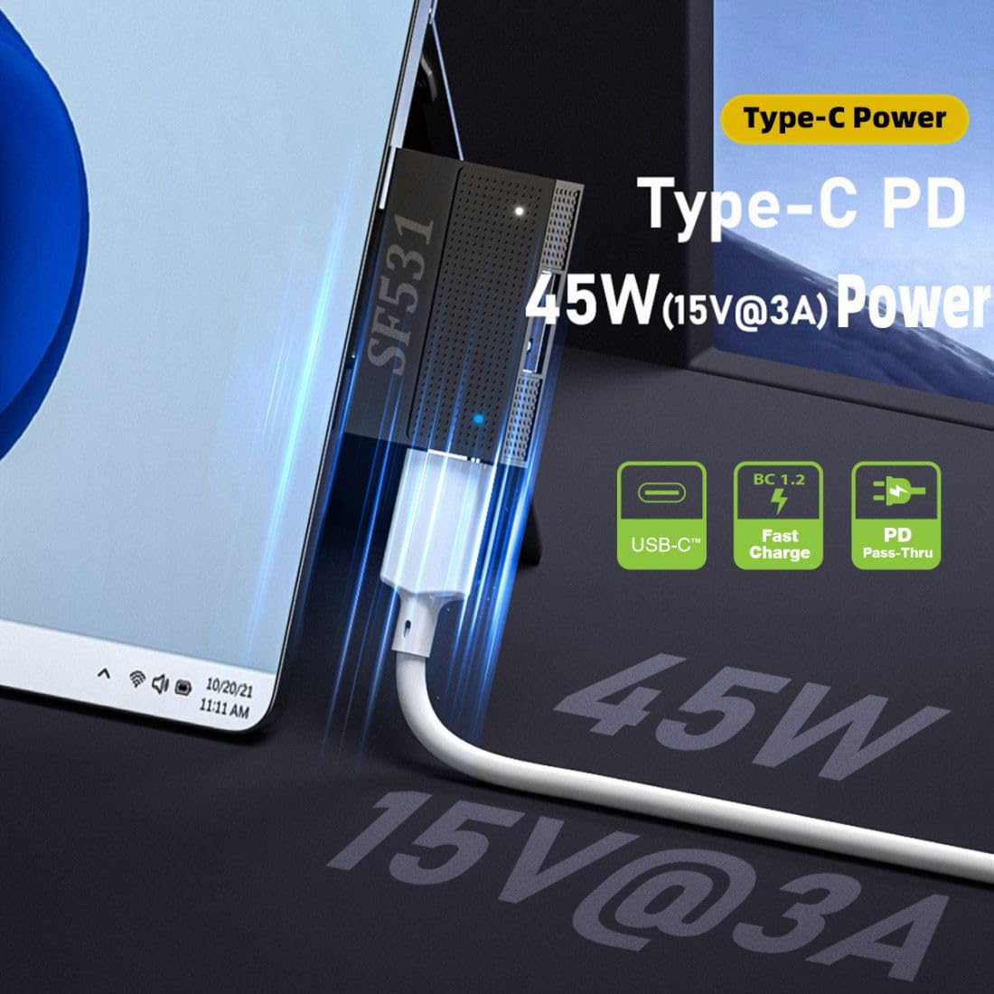 SF531 Surface Magnetic Adapter with USB 3.1 Type-A 5V & USB C 15V Data Charge Port for Surface Pro9 Pro8 Pro7 Pro6 Pro X Go Book