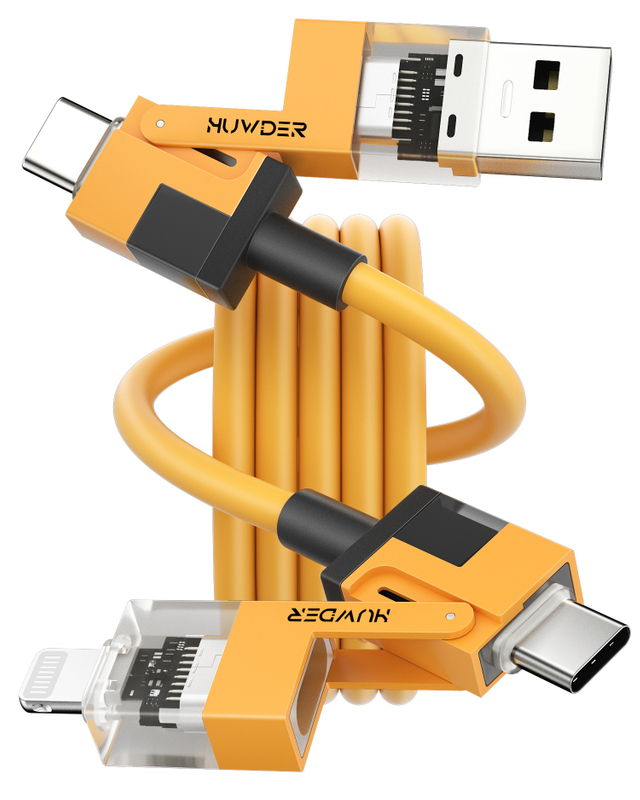 HUNDA 4 in 1 USB C to C Fast Charging Cable, Silicone USB C to Lightning Cable 100W Dual Type C Cable Combo Lightning/Type C/USB A Ports for iPhone 15/15 Pro/15 Pro Max,Android,Samsung etc,5ft