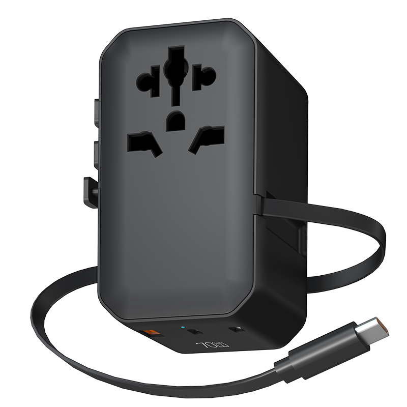 PD70W GAN International Plug Universal Travel Adapter Fast Charger Mobile Phone with Type C Retractable Cable