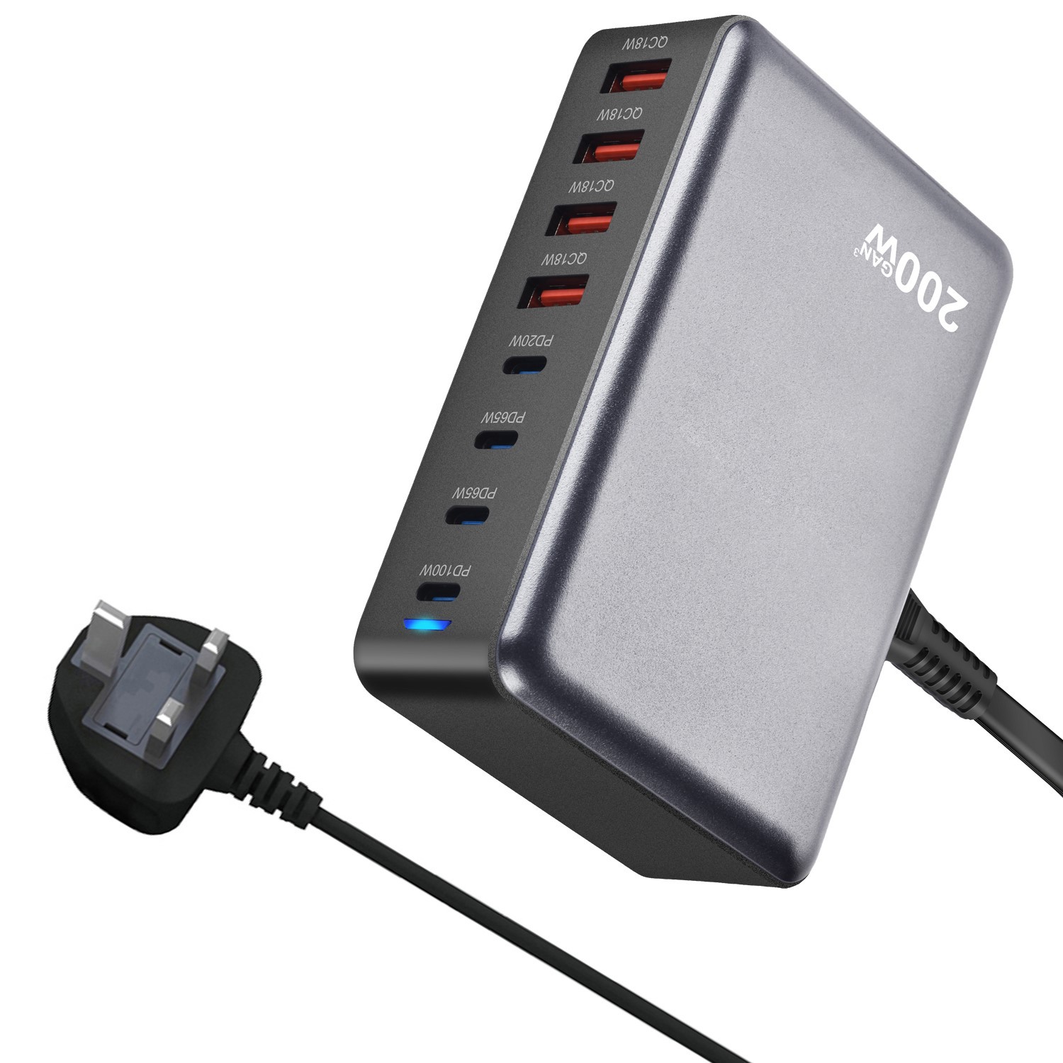 200W USB C Charger Block,GaN IV Charging Station 8 Ports,QC4.0 Fast Charging Station Hub+PD 65W USB C Laptop Charger Adapter Compatible with MacBook Air/Pro,DELL,iPhone 16/15,iPad,Steam Deck-Black