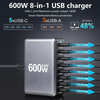 600W USB C Fast Charger Block, 8 Port Charging Station, GaN Ⅲ Multi Port Charging Station Hub for Multiple Devices, Multiport USB Charger Station Compatible with MacBook iPhone iPad Dell