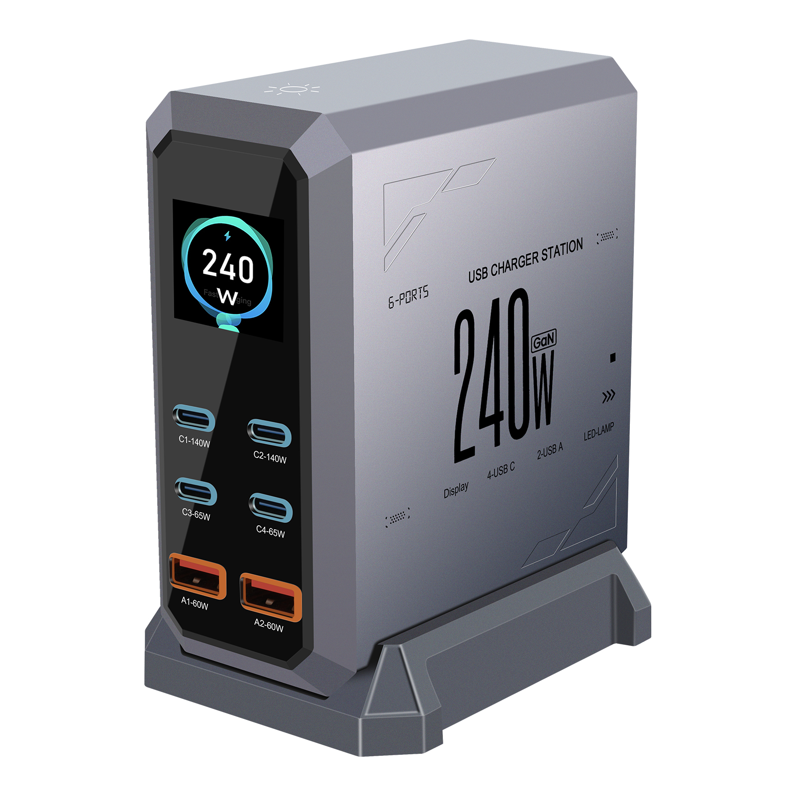 240W TFT Display 4C2A GaN Desktop Charger USB Type C PD3.1 3.0 PPS US EU AU UK KC JP Plug Portable PD Adapter for Macbook