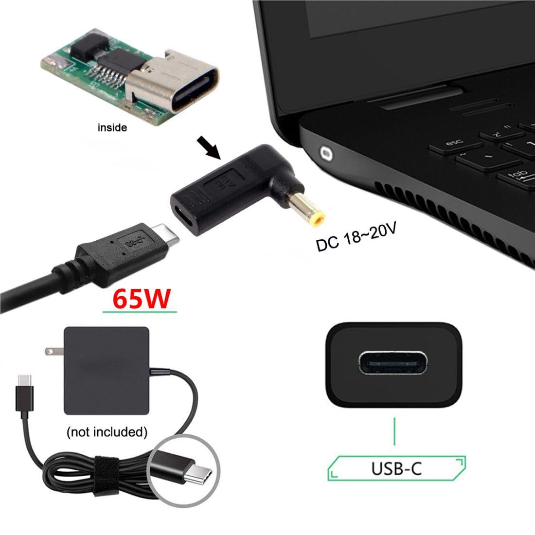 USB C to DC 20V 5.5x2.5mm for toshiba lg acer asus PD 65W Emulator Trigger 90 Degree Angled Converter Adapter