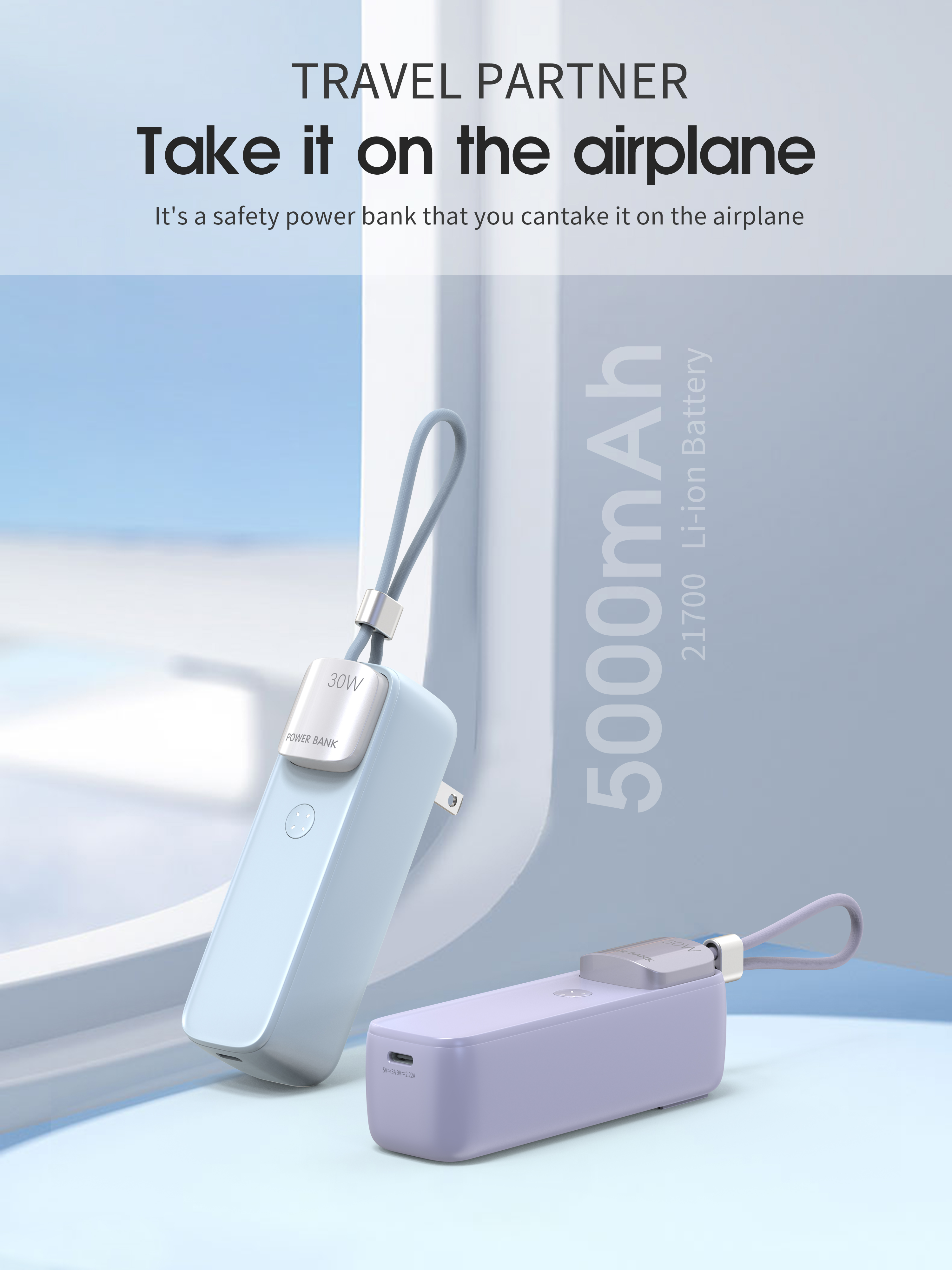 Portable Power Bank with GaN PD30W Wall Charger 5000mAh