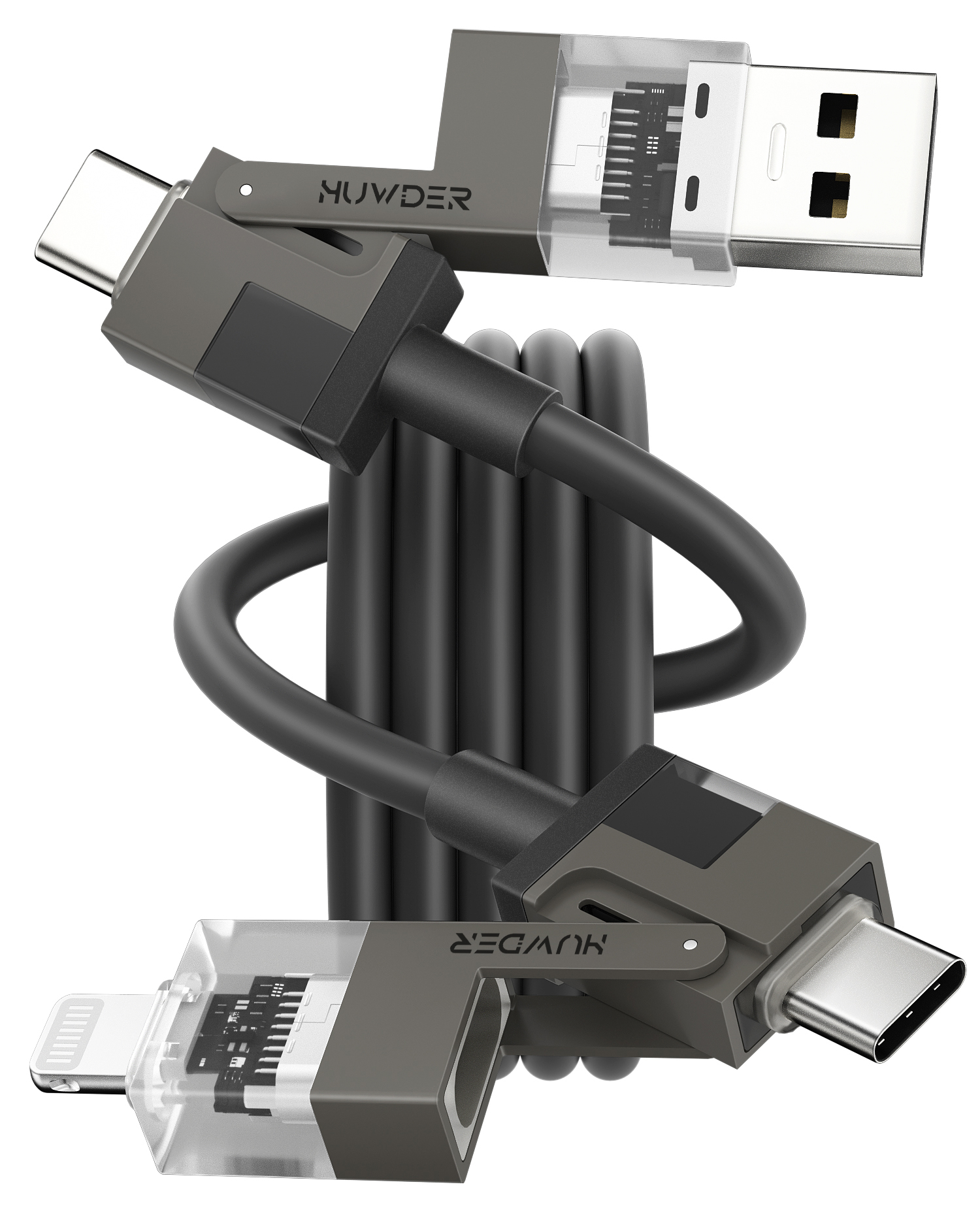 HUNDA 4 in 1 USB C to C Fast Charging Cable, Silicone USB C to Lightning Cable 100W Dual Type C Cable Combo Lightning/Type C/USB A Ports for iPhone 15/15 Pro/15 Pro Max,Android,Samsung etc,5ft