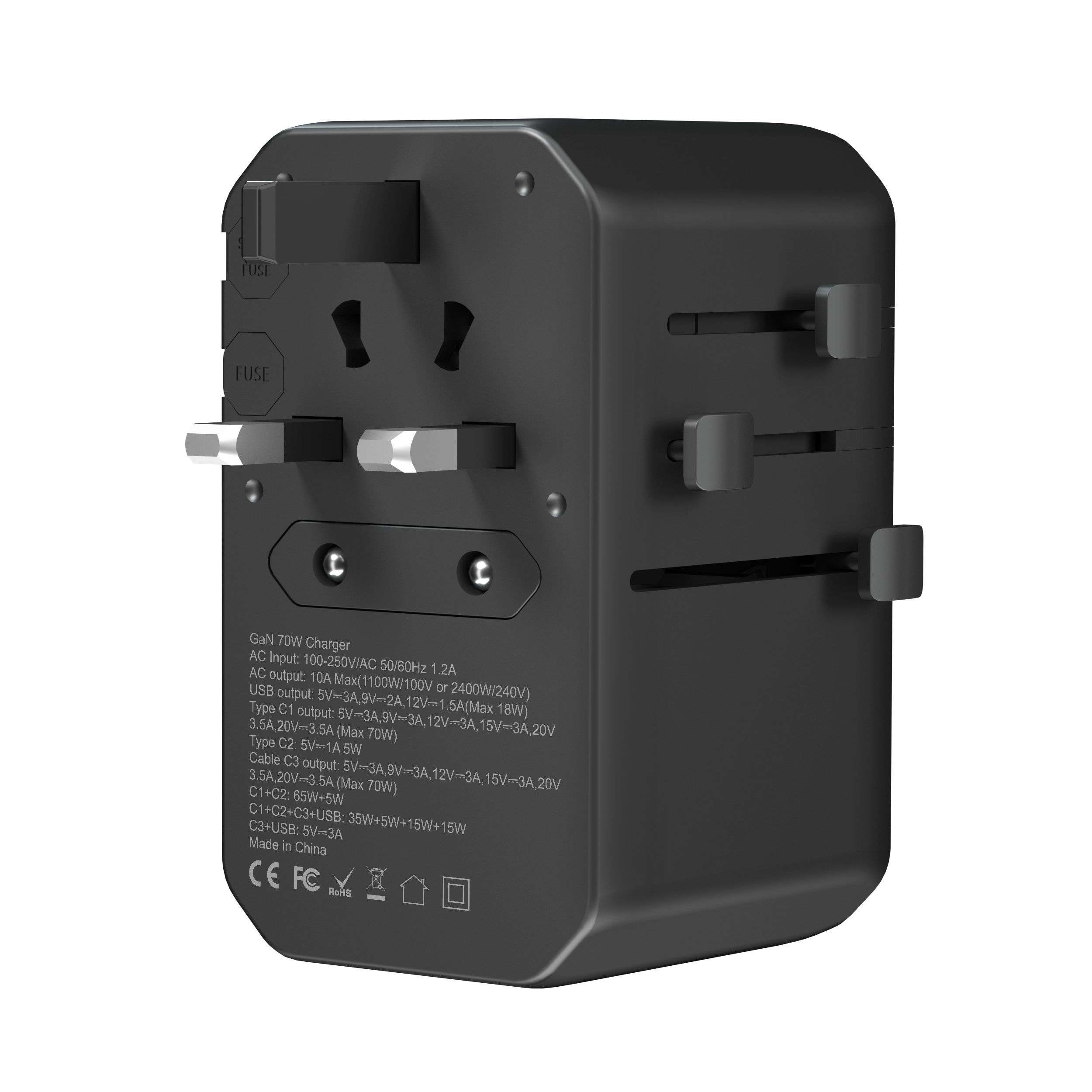 PD70W GAN International Plug Universal Travel Adapter Fast Charger Mobile Phone with Type C Retractable Cable