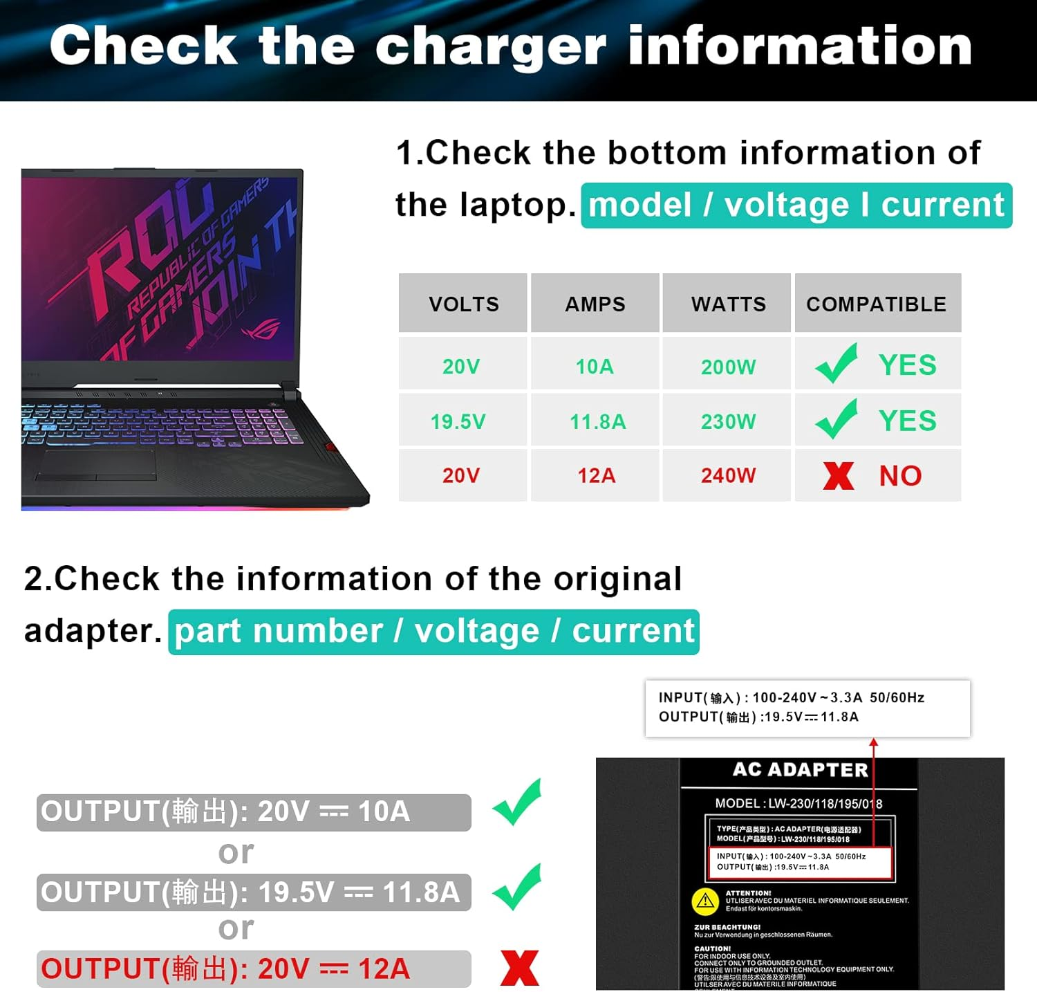 19.5V 11.8A 230W (200W 180W 150W also compatible) for Gaming Laptop Computer Notebook Replacement Charger Power Supply Adapter 