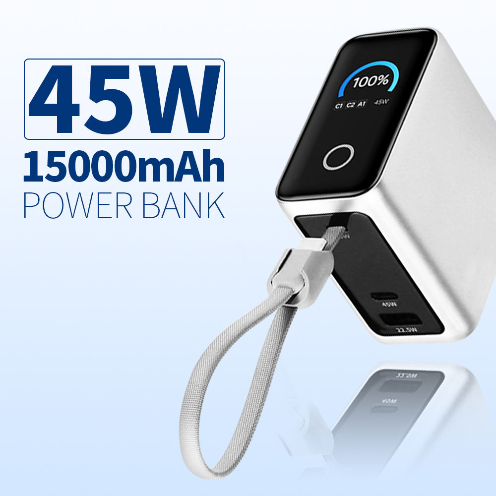 Latest Design 45W Fast Charging TFT Smart Display Colorful Touch Screen Power Bank 15000mah Retractable Cable for Laptop Phone