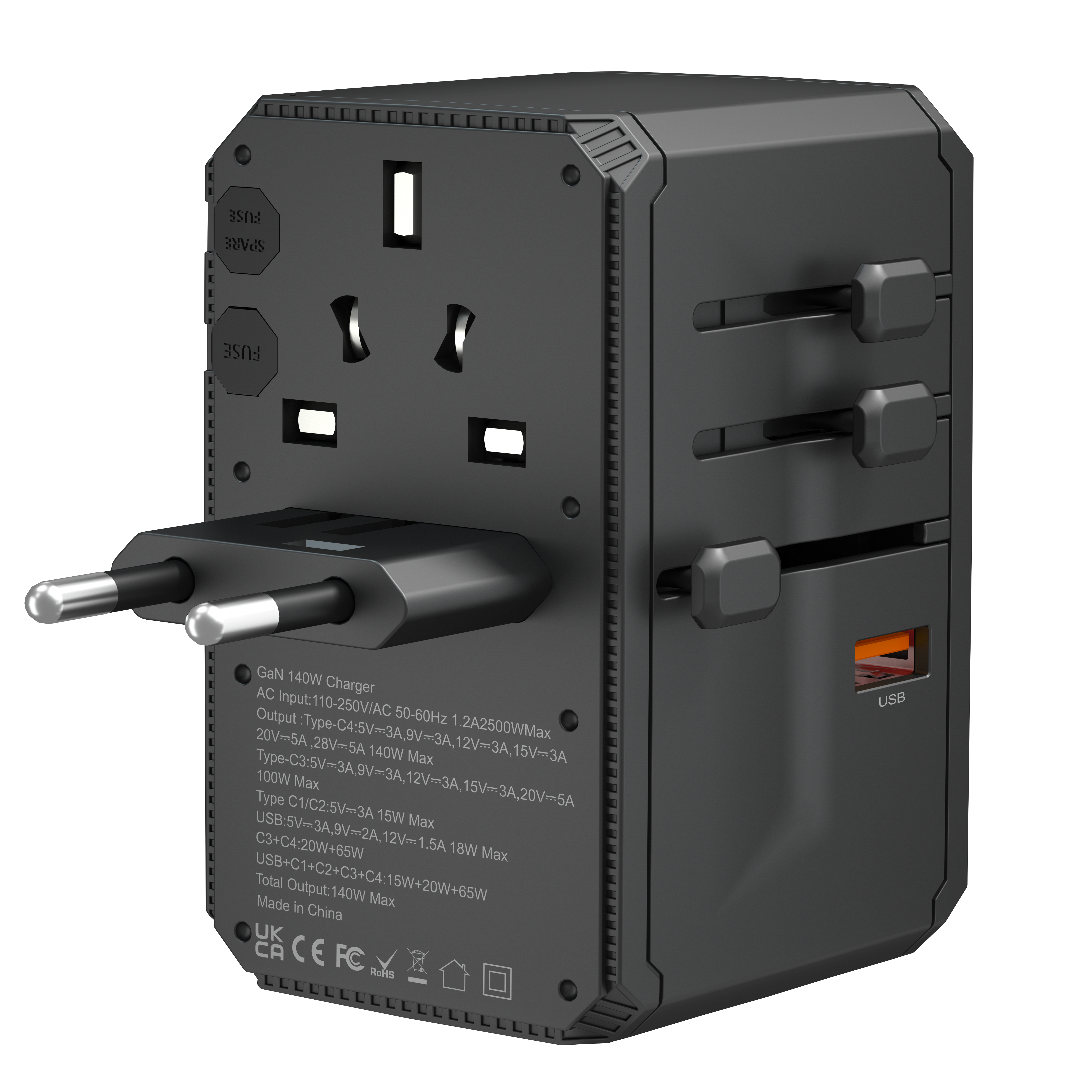140W GAN Universal Travel Adapter 2024 New Product Electrical Socket Travel Adaptor with 2500W 4 Type C 1 USB UK US AU EU Plug