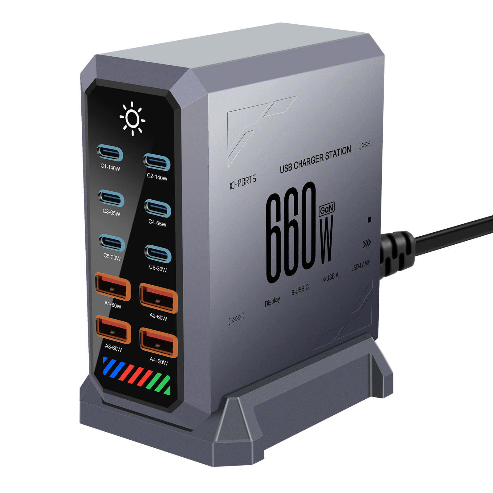 10-Port 660W Smart Desktop Charging Station 140W USB-C PD Quick Charge 3.0 OCP Short Circuit Protection EU 65W Adapter for Home/Industry 5V3A UK