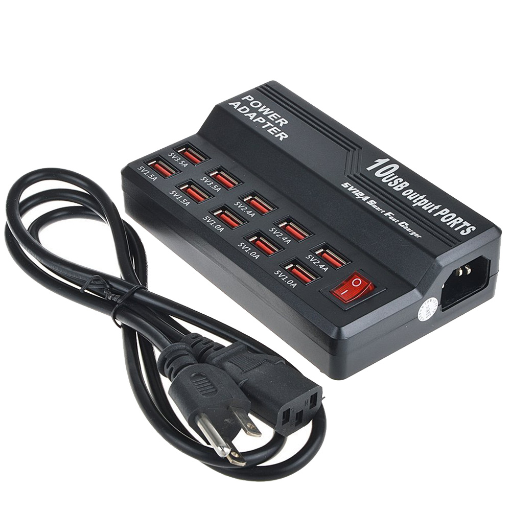 10-Port USB2.0 10A 50W Multi Charger Station with Switch 5V 1A 2.4A Output for Mobile Phones Convenient Travel Charger