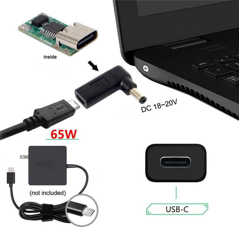 USB 3.1 Type C USB-C to Rectangle DC Plug 5.5mmx2.1mm Adapter PD Emulator Trigger 90 Degree Angled for Laptop Tablet (5.5x2.1MM)