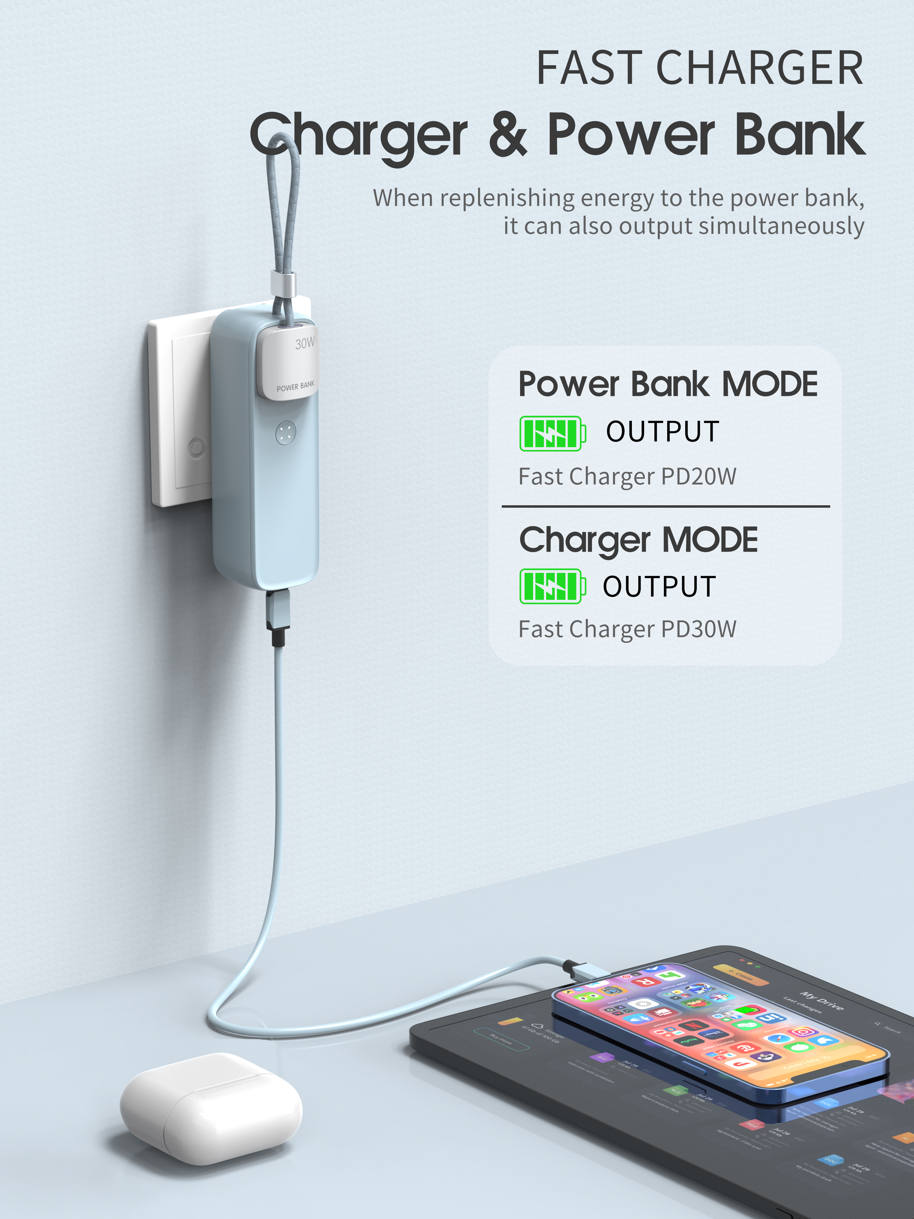 Portable Power Bank with GaN PD30W Wall Charger 5000mAh