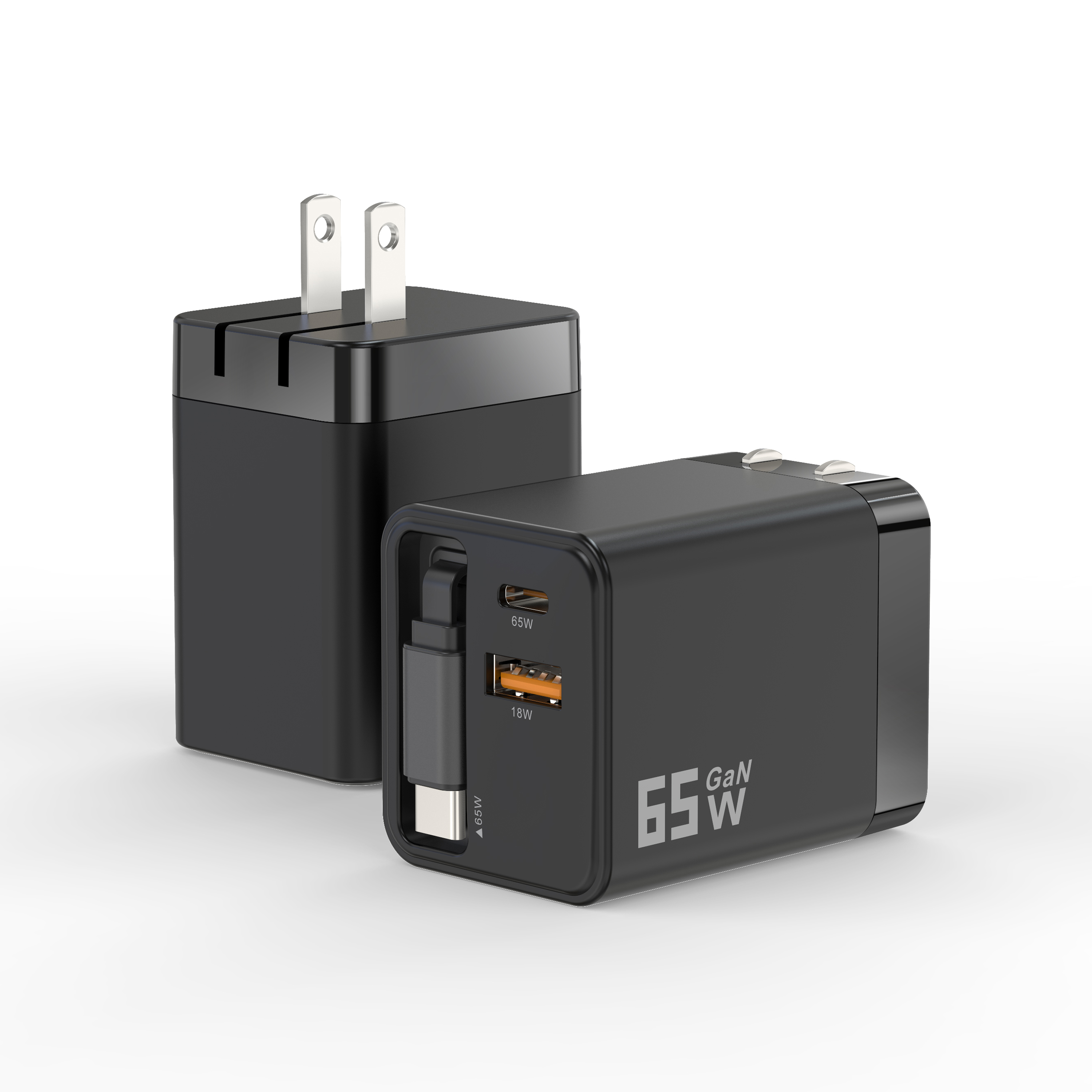 65W USB C Charger Block with Retractable Type C Cable and Dual Port Travel Charger (GaN3), PD PPS Fast Charging Foldable Wall Charge for MacBook,Lenovo IdeaPad,iPhone 16 Pro Max,Galaxy S24 and More