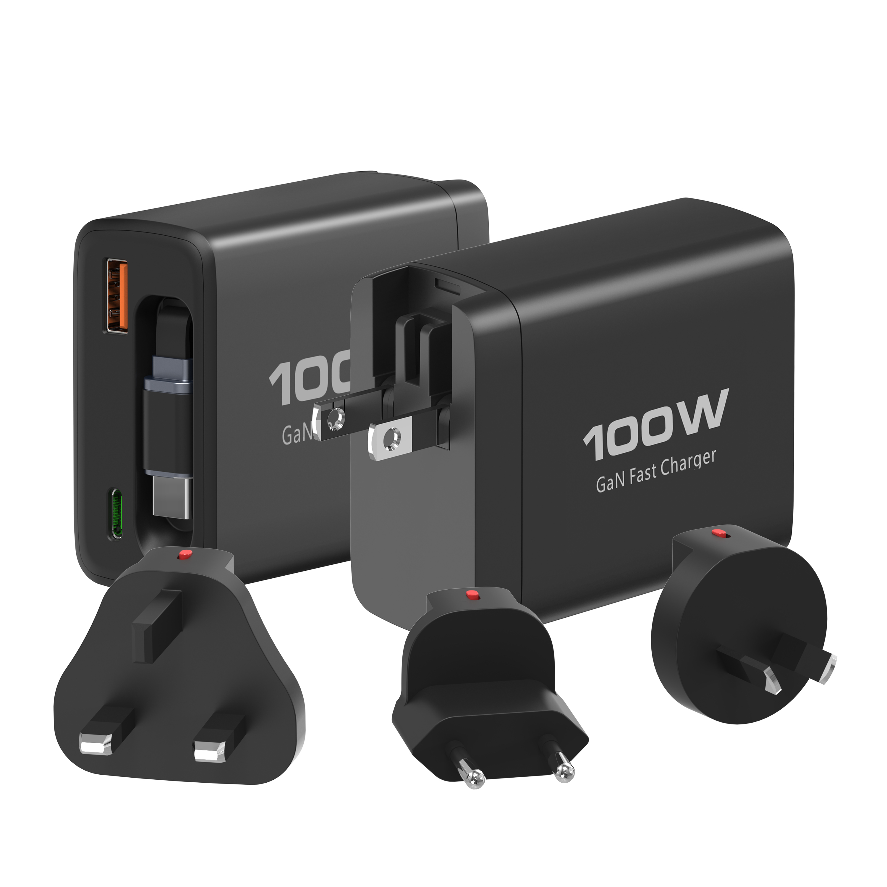 GaN PD 100W Travel Charger with Type C 100W Retractable Cable QC PPS Mini Portable Adapter USB C Wire Slim Phone Laptop Chargers