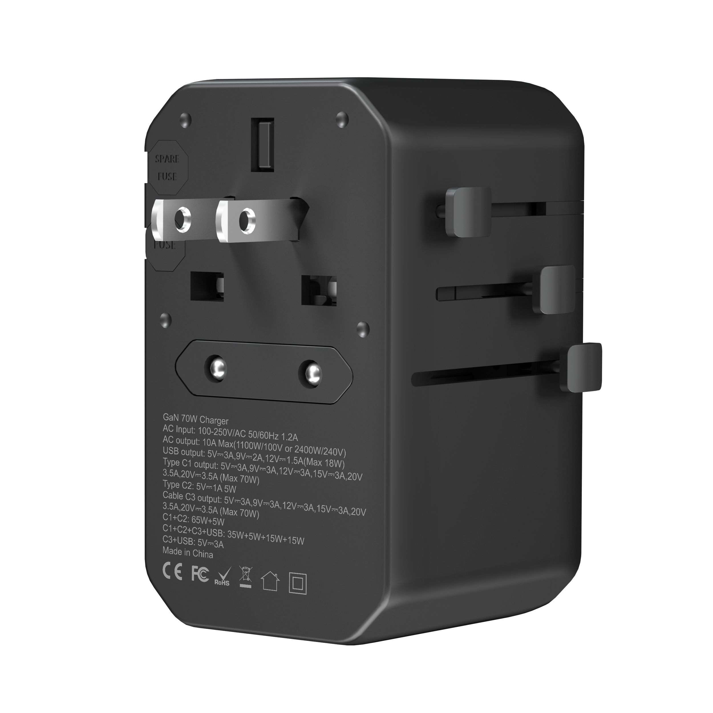 PD70W GAN International Plug Universal Travel Adapter Fast Charger Mobile Phone with Type C Retractable Cable