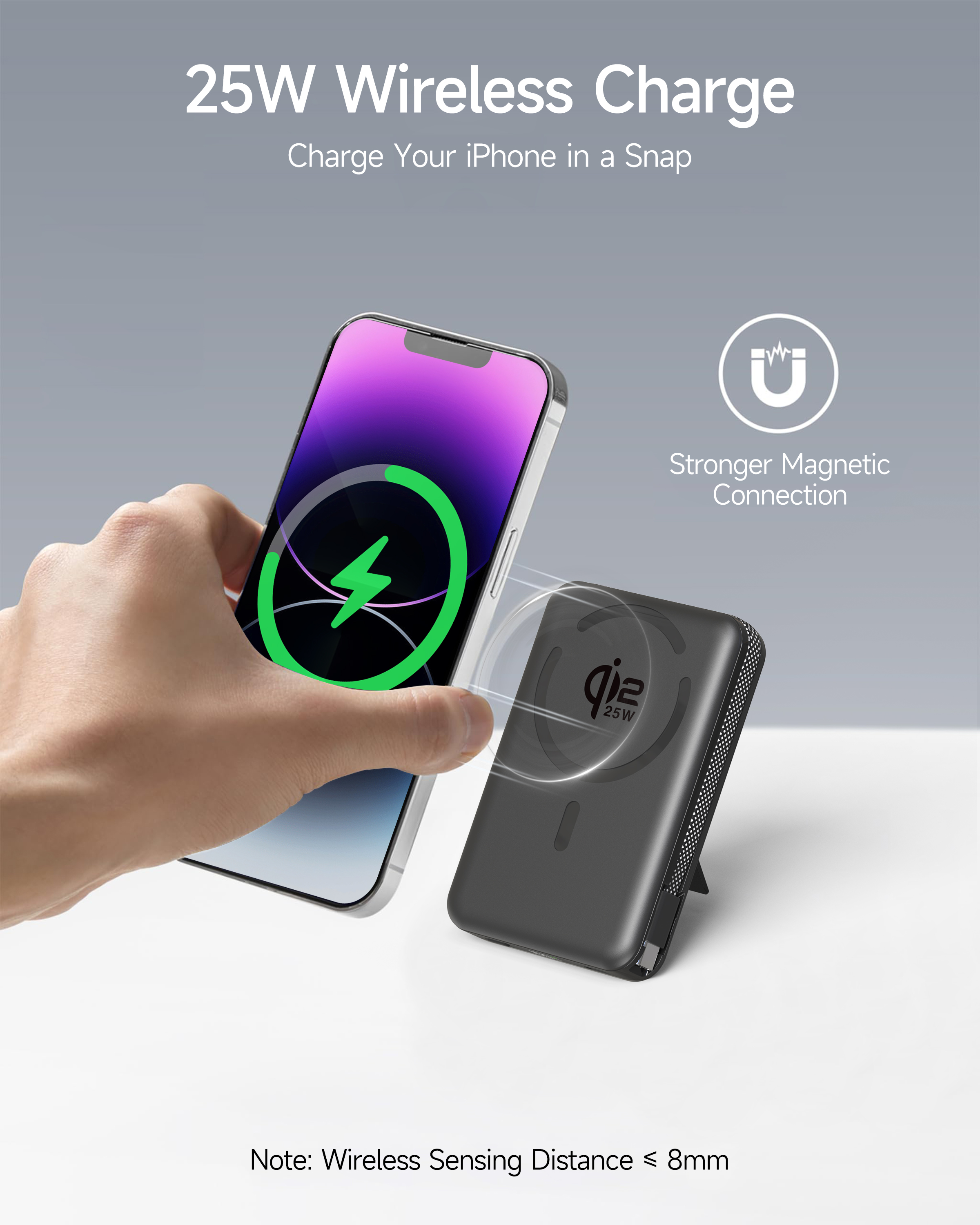 Qi2.2 Factory Magnetic Wireless Solid State Tech Power Bank and Holder Design Qi2.2 25W Fast Wireless Charge Extra Cable Design