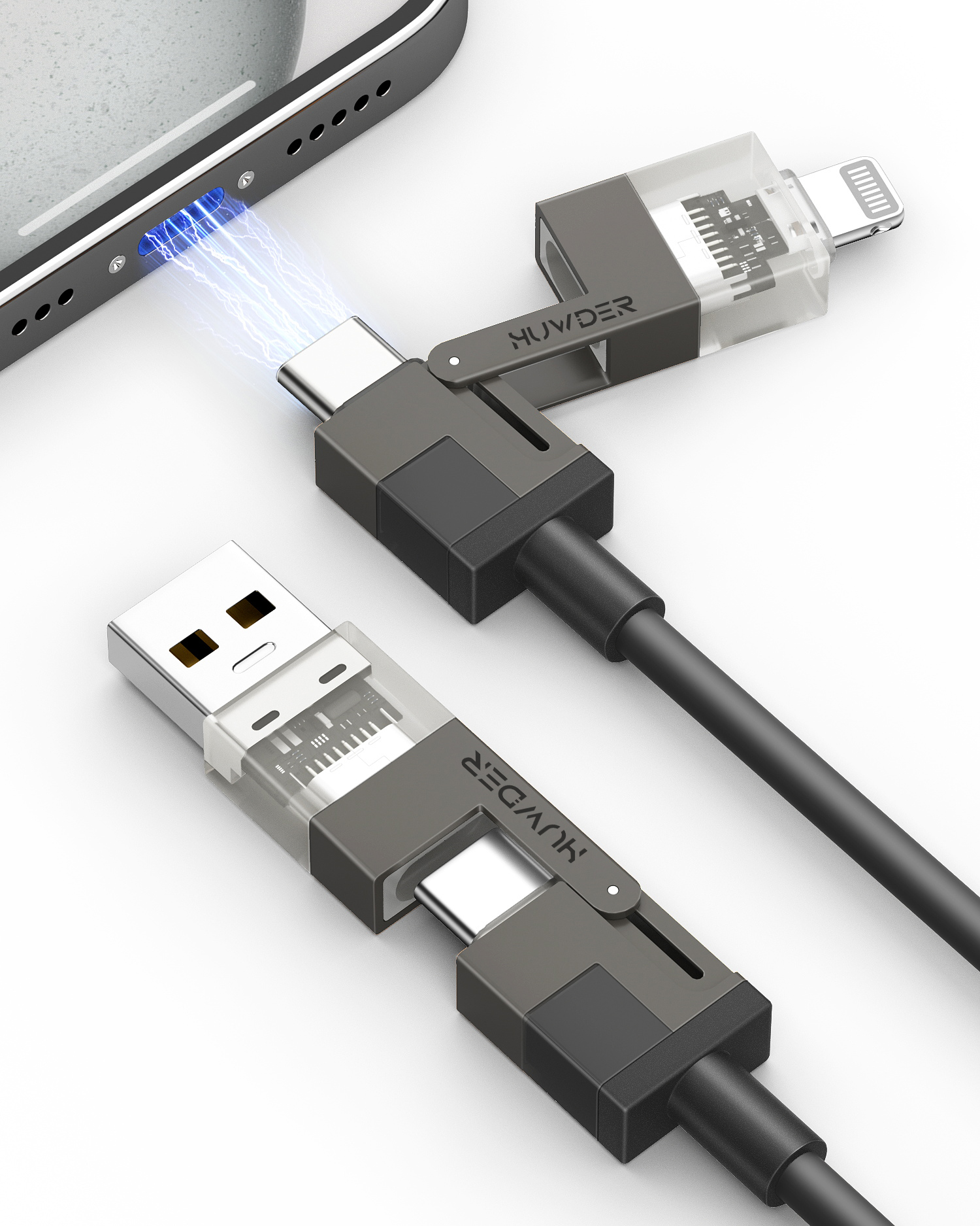 HUNDA 4 in 1 USB C to C Fast Charging Cable, Silicone USB C to Lightning Cable 100W Dual Type C Cable Combo Lightning/Type C/USB A Ports for iPhone 15/15 Pro/15 Pro Max,Android,Samsung etc,5ft