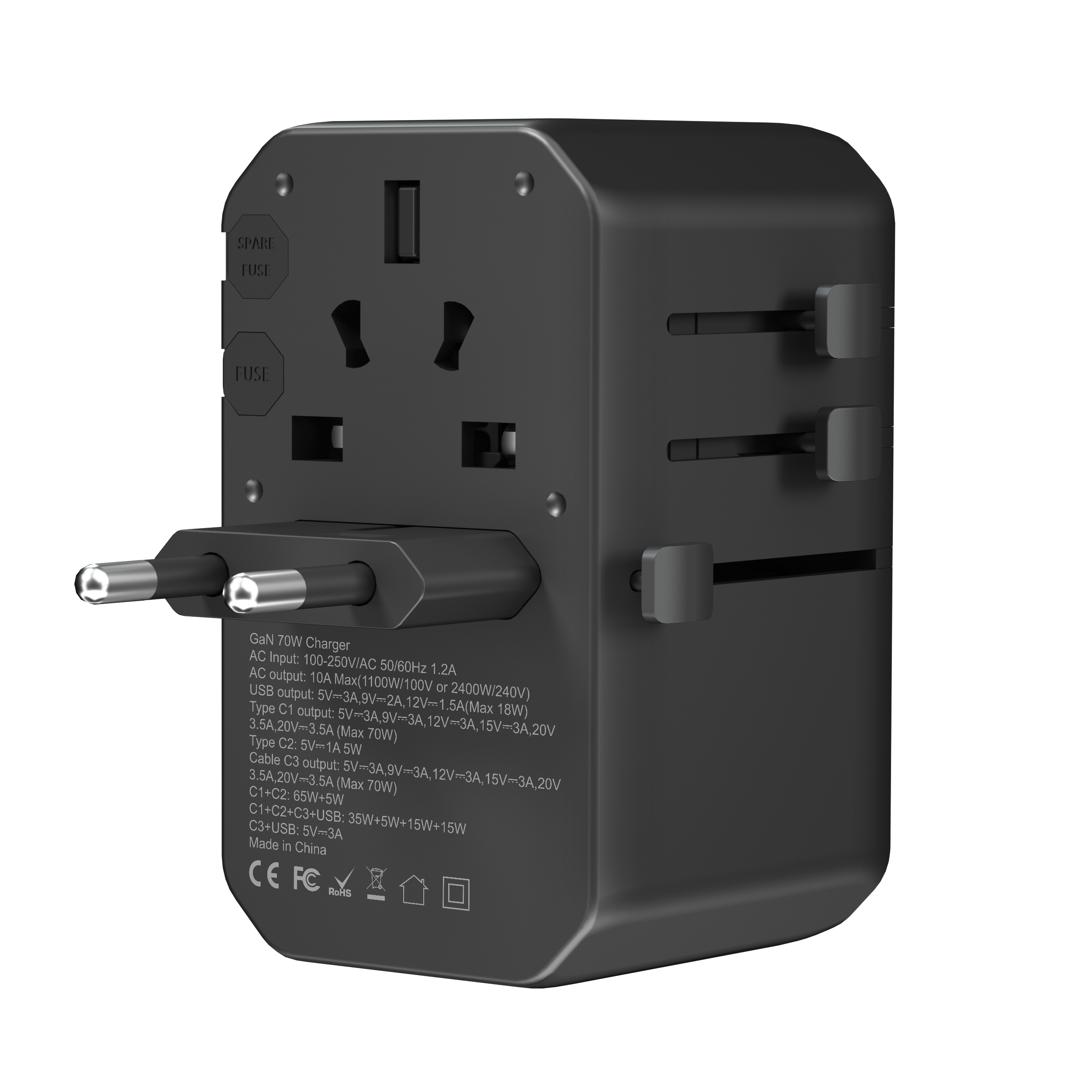 PD70W GAN International Plug Universal Travel Adapter Fast Charger Mobile Phone with Type C Retractable Cable