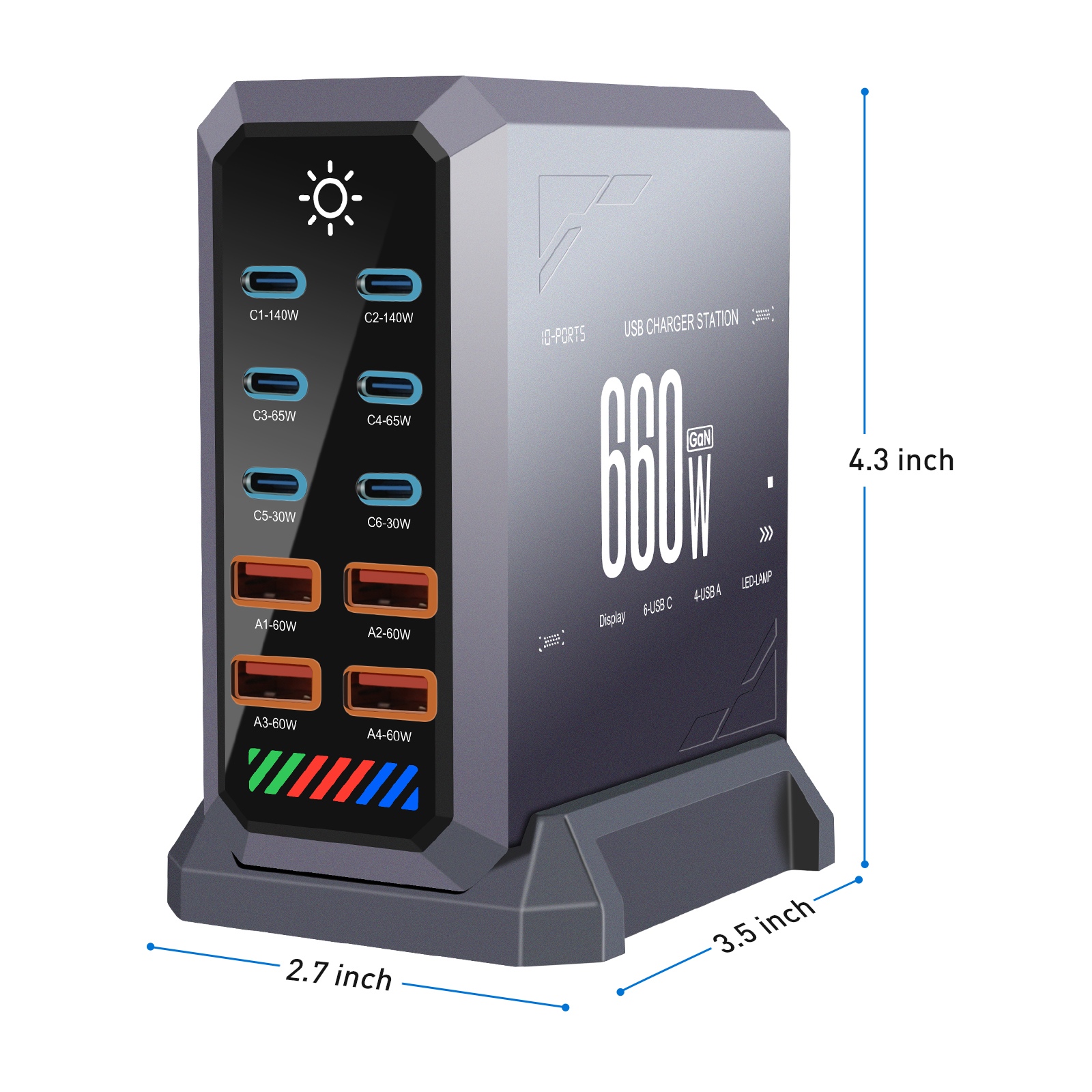 10-Port 660W Smart Desktop Charging Station 140W USB-C PD Quick Charge 3.0 OCP Short Circuit Protection EU 65W Adapter for Home/Industry 5V3A UK