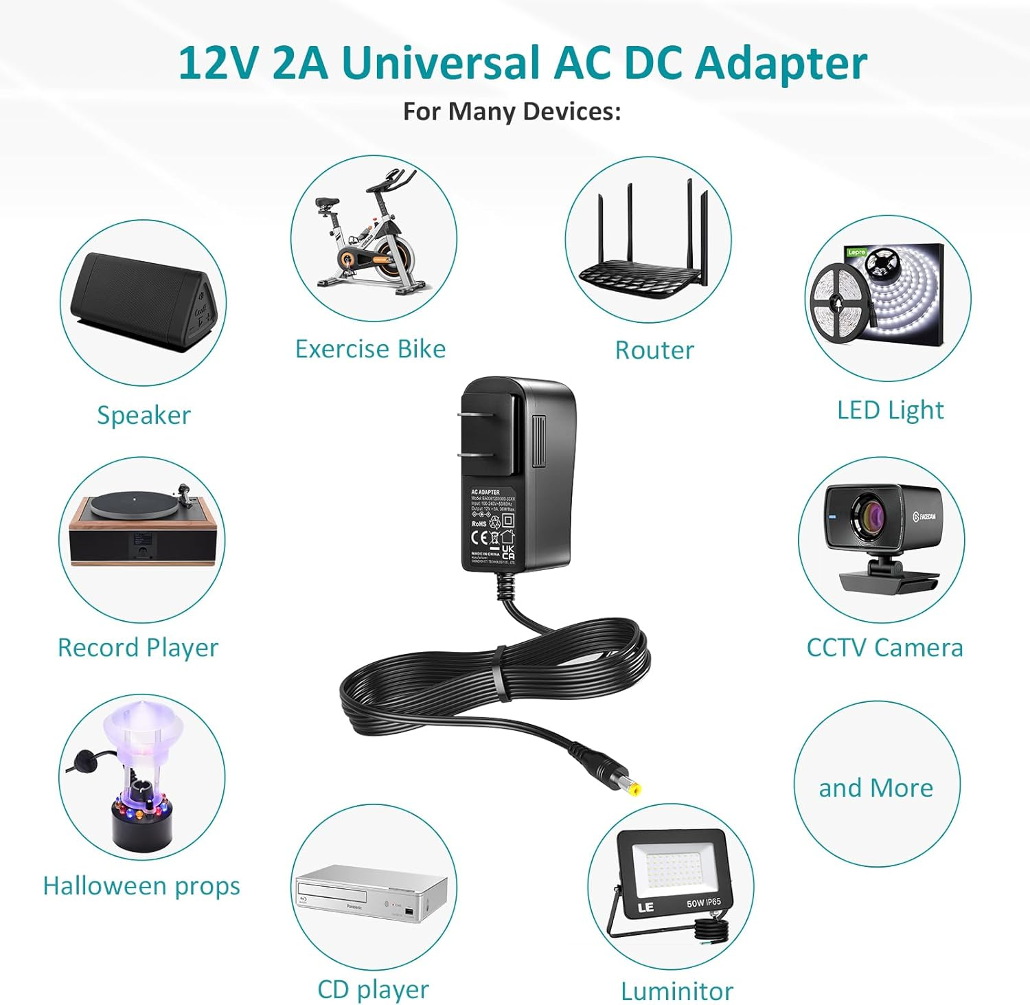 12V 3A 36W Universal AC/DC Adapter 12 Volt 3 Amp 2.5A 2A 1.5A 1A 500mA Power Supply Charger DC 12V Power Cord for Router DVD Player Speaker LED Strip Light CCTV Security Camera