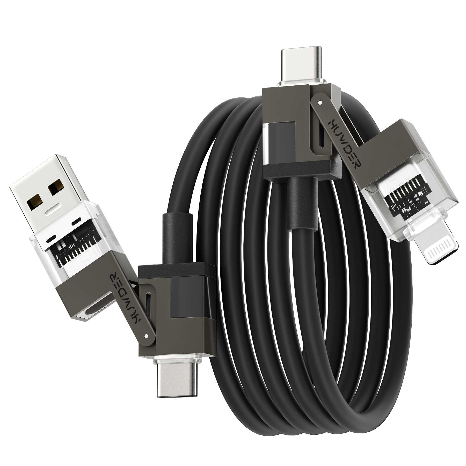 HUNDA 4 in 1 USB C to C Fast Charging Cable, Silicone USB C to Lightning Cable 100W Dual Type C Cable Combo Lightning/Type C/USB A Ports for iPhone 15/15 Pro/15 Pro Max,Android,Samsung etc,5ft