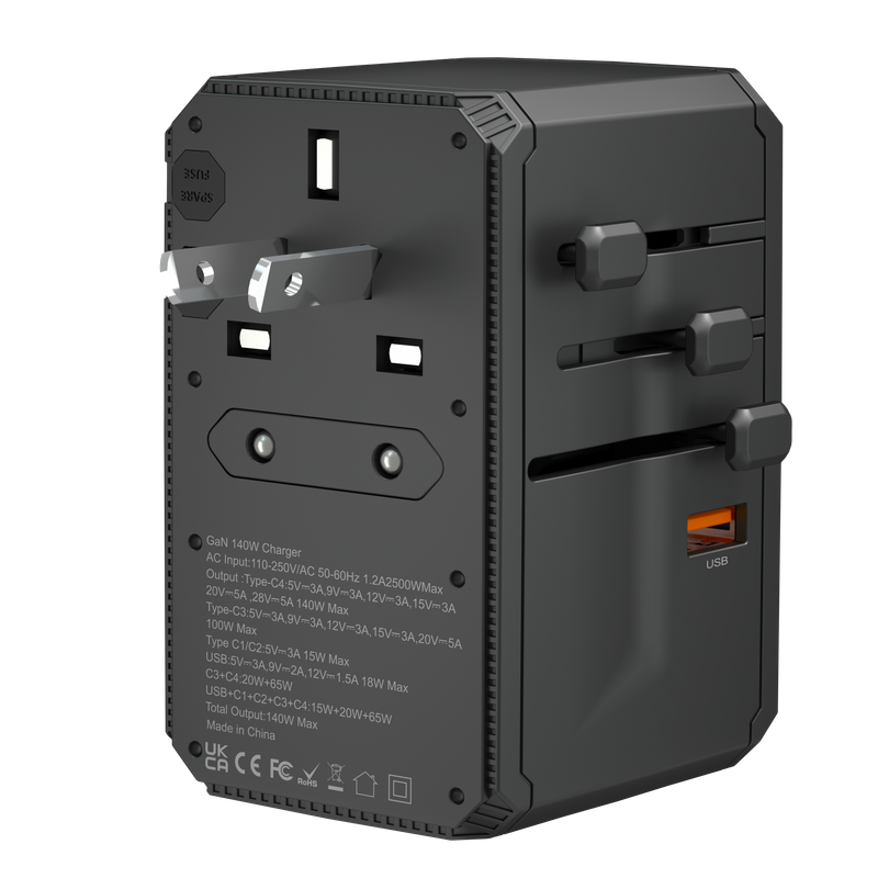 140W GAN Universal Travel Adapter 2024 New Product Electrical Socket Travel Adaptor with 2500W 4 Type C 1 USB UK US AU EU Plug