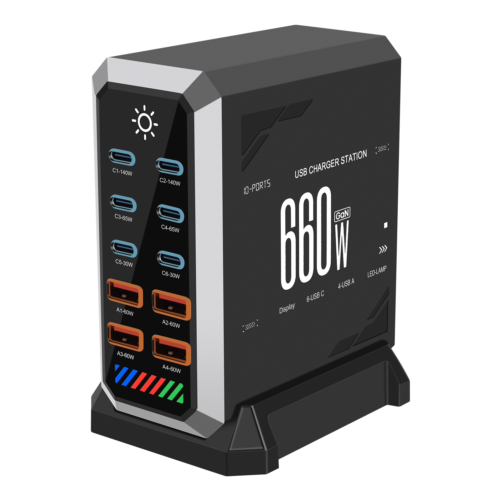10-Port 660W Smart Desktop Charging Station 140W USB-C PD Quick Charge 3.0 OCP Short Circuit Protection EU 65W Adapter for Home/Industry 5V3A UK