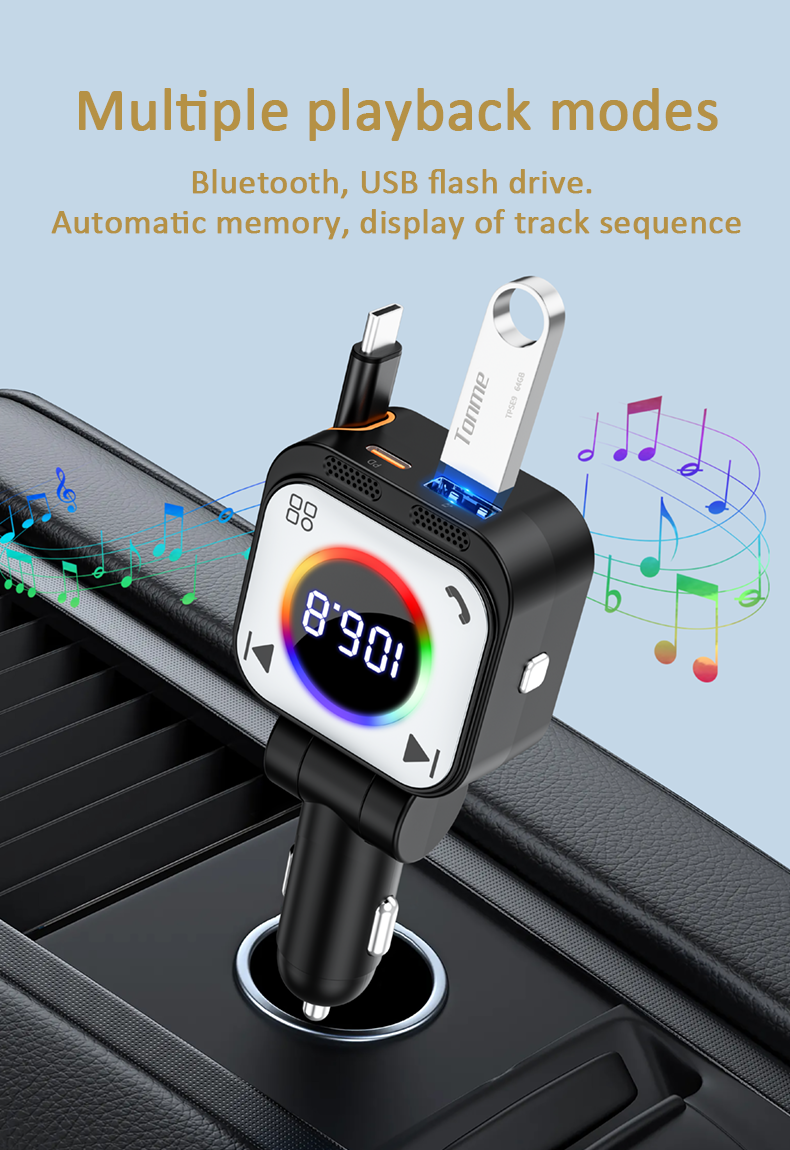 Car bluetooth Transmitter Car Charger 30W/RGB Color Light Ring/Retractable Type-c Cable 45W With bluetooth