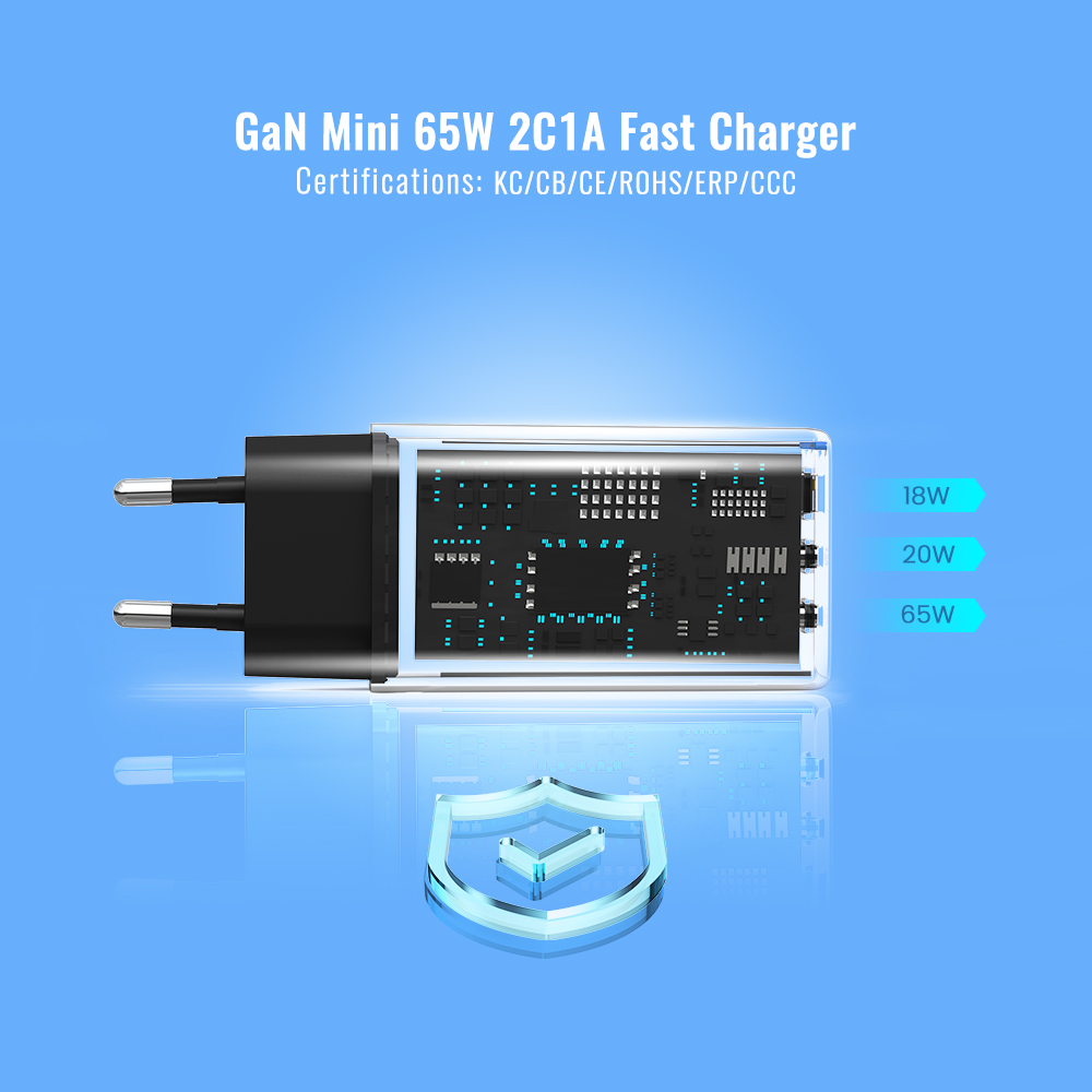 Factory GaN 65W Power Adapter EU US Plug 3 Ports QC 3.0 Type-C PD Mobile Phone Travel Chargers 65W gan Charger