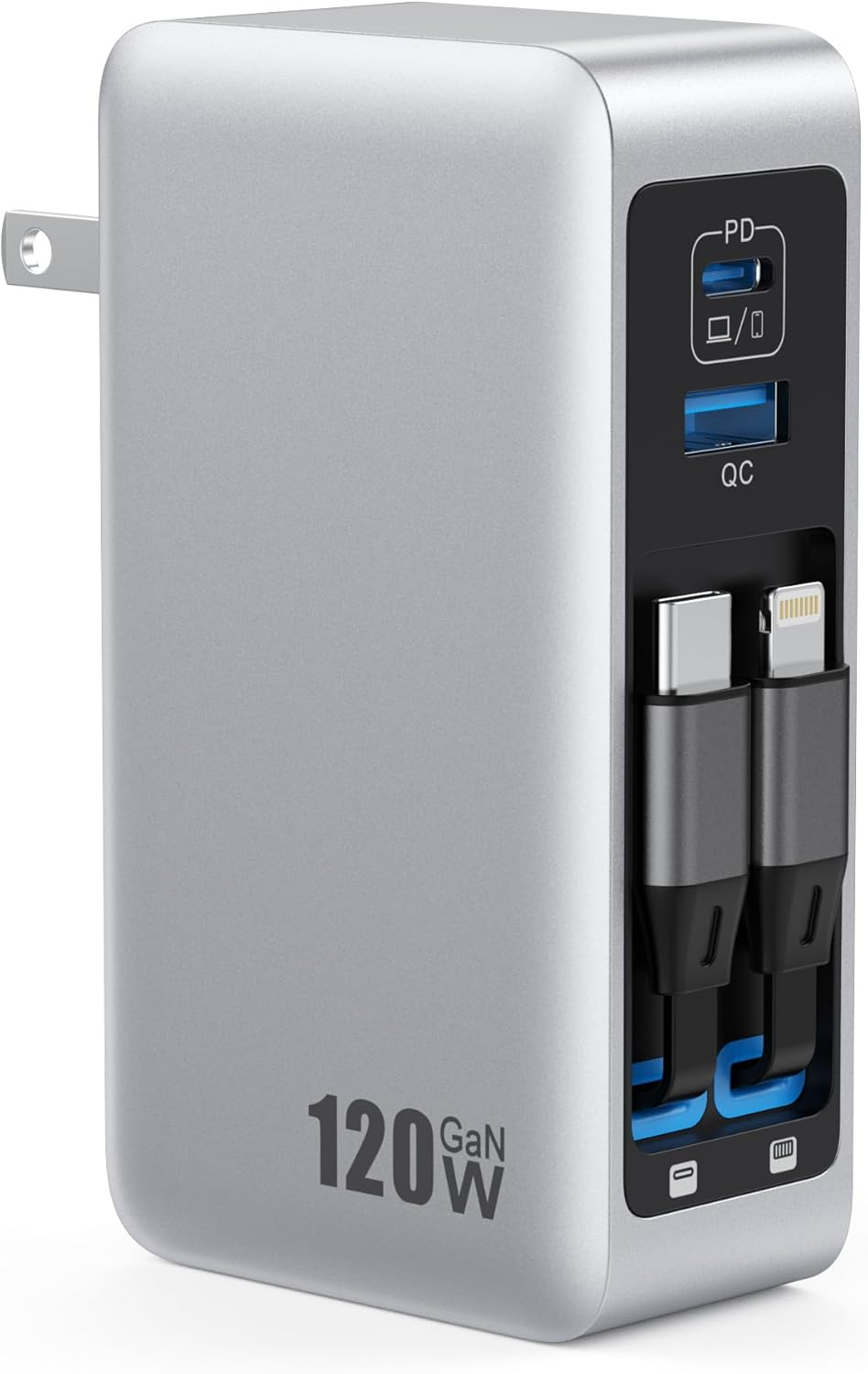 4 in 1 Retractable Wall Charger with Dual USB Ports and 25.6in Lightening and Type-C Cables, 40W 84W 120WFast Charging Foldable Block Compatible with ipad,iPhone 16/15, airpods,Galaxy, Pixel, More