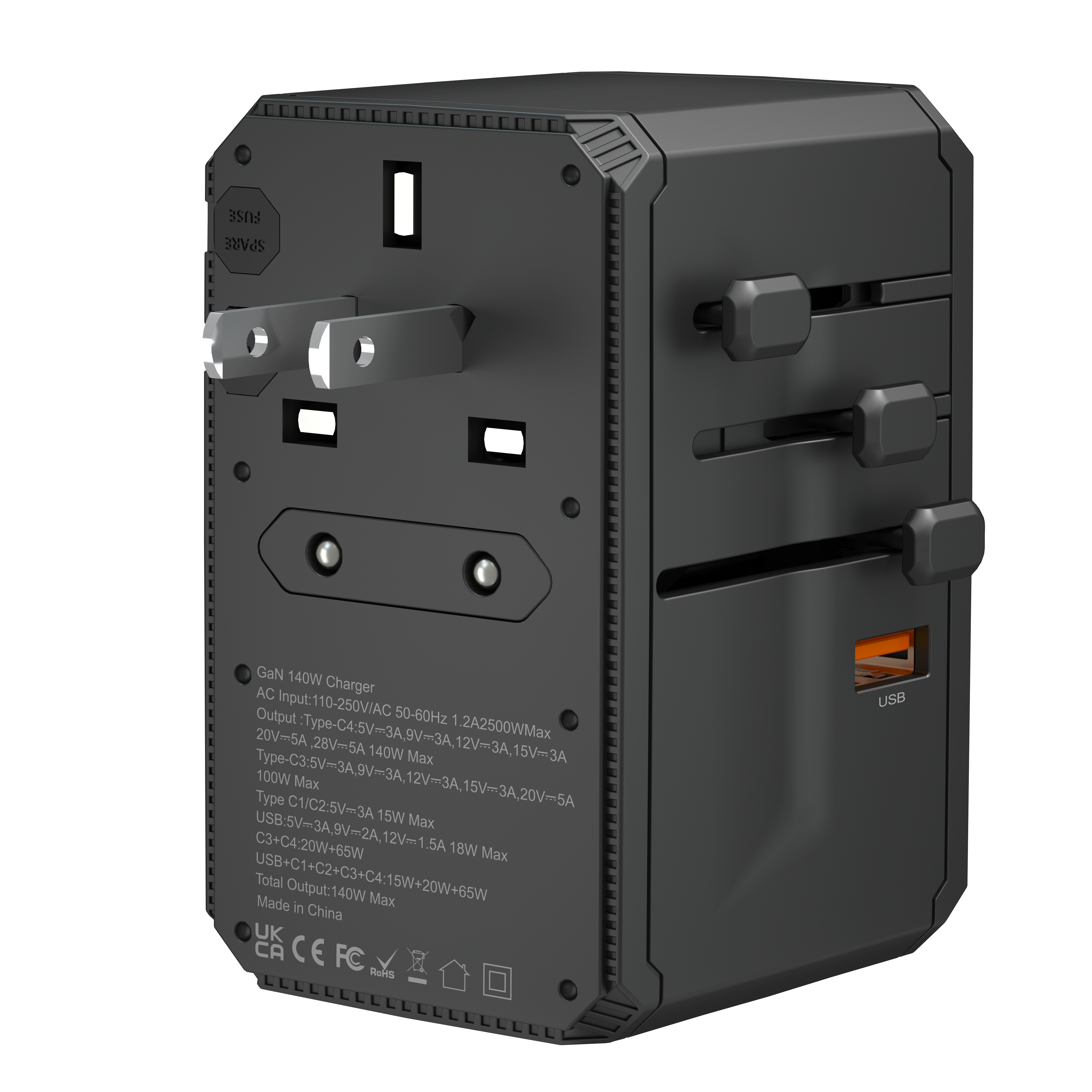 140W GAN Universal Travel Adapter 2024 New Product Electrical Socket Travel Adaptor with 2500W 4 Type C 1 USB UK US AU EU Plug