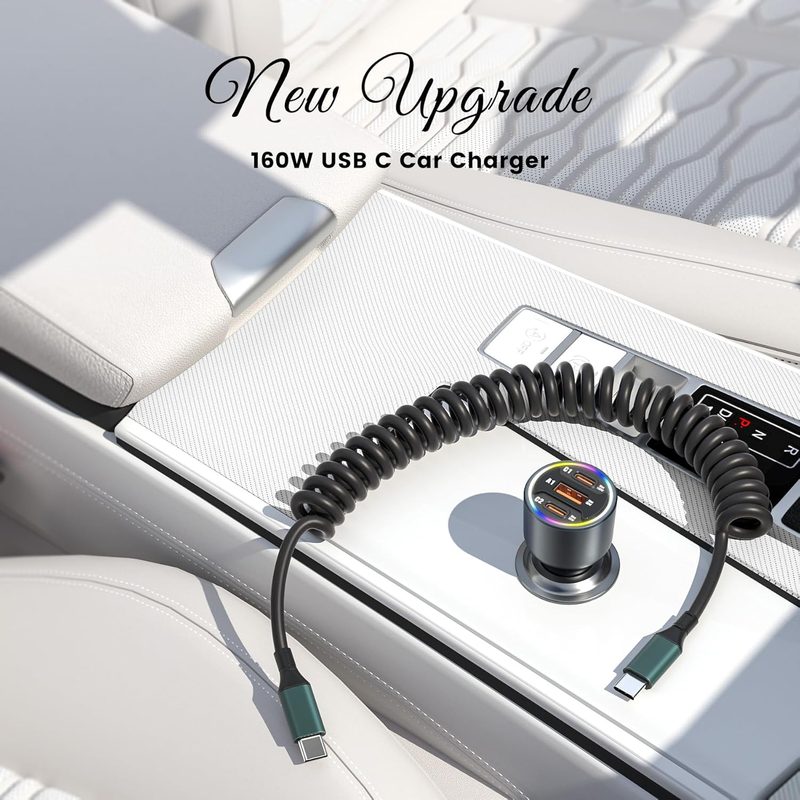 160W USB C Car Charger Fast Charging,HUNDA USB Car Lighter Splitter with 3 Ports PD 100W&PD 30W Fast Charger Car Charger