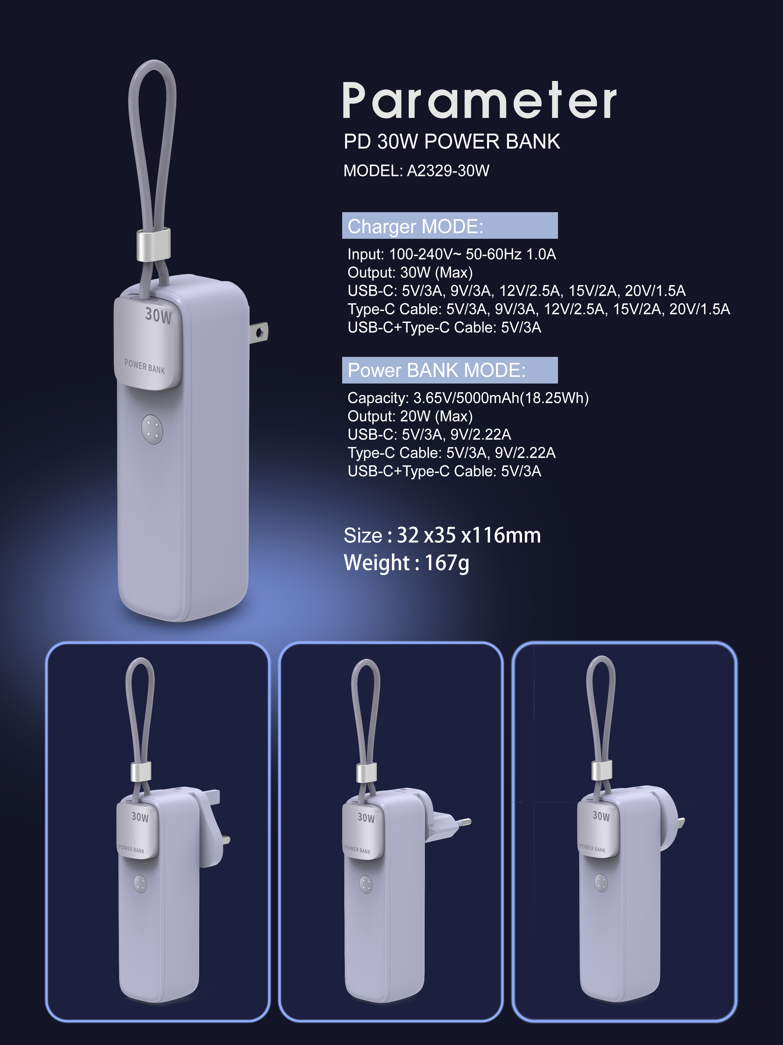 Portable Power Bank with GaN PD30W Wall Charger 5000mAh