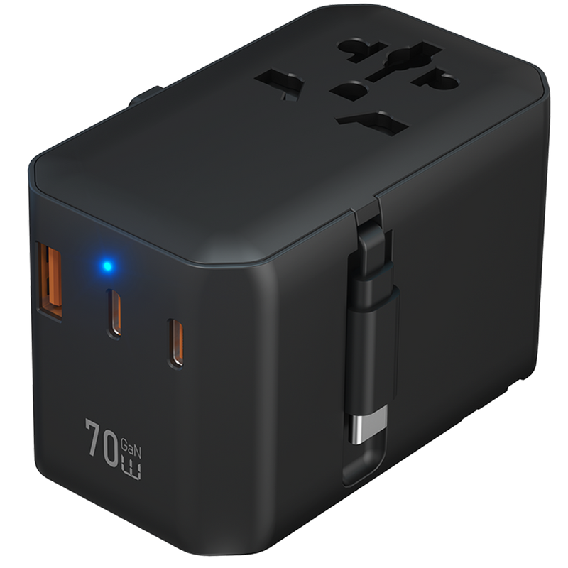 PD70W GAN International Plug Universal Travel Adapter Fast Charger Mobile Phone with Type C Retractable Cable