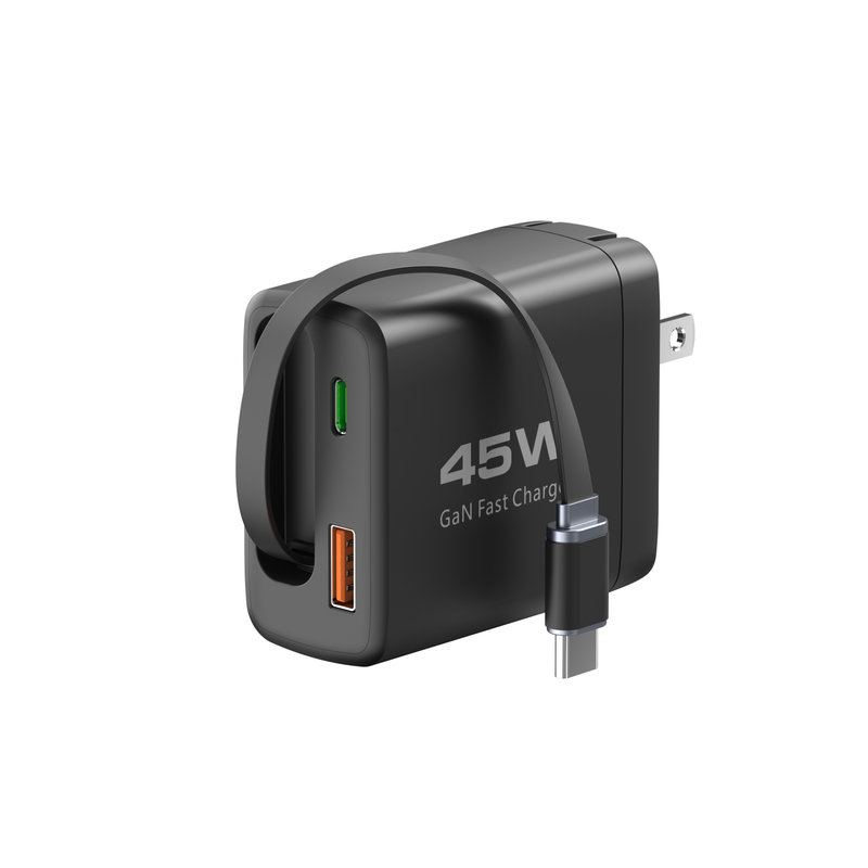 45W Retractable Wall Charger, GaN6 Fast Charger with 45W Retractable Type-C Cable and 1A1C Port, Portable Retractable Charger Wall Plug for iPhone 16/15 Pro Max/iPad/Galaxy/Pixel