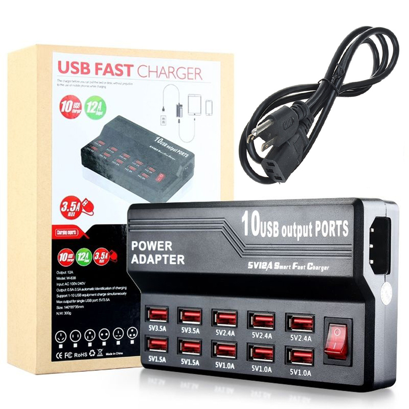 10-Port USB2.0 10A 50W Multi Charger Station with Switch 5V 1A 2.4A Output for Mobile Phones Convenient Travel Charger