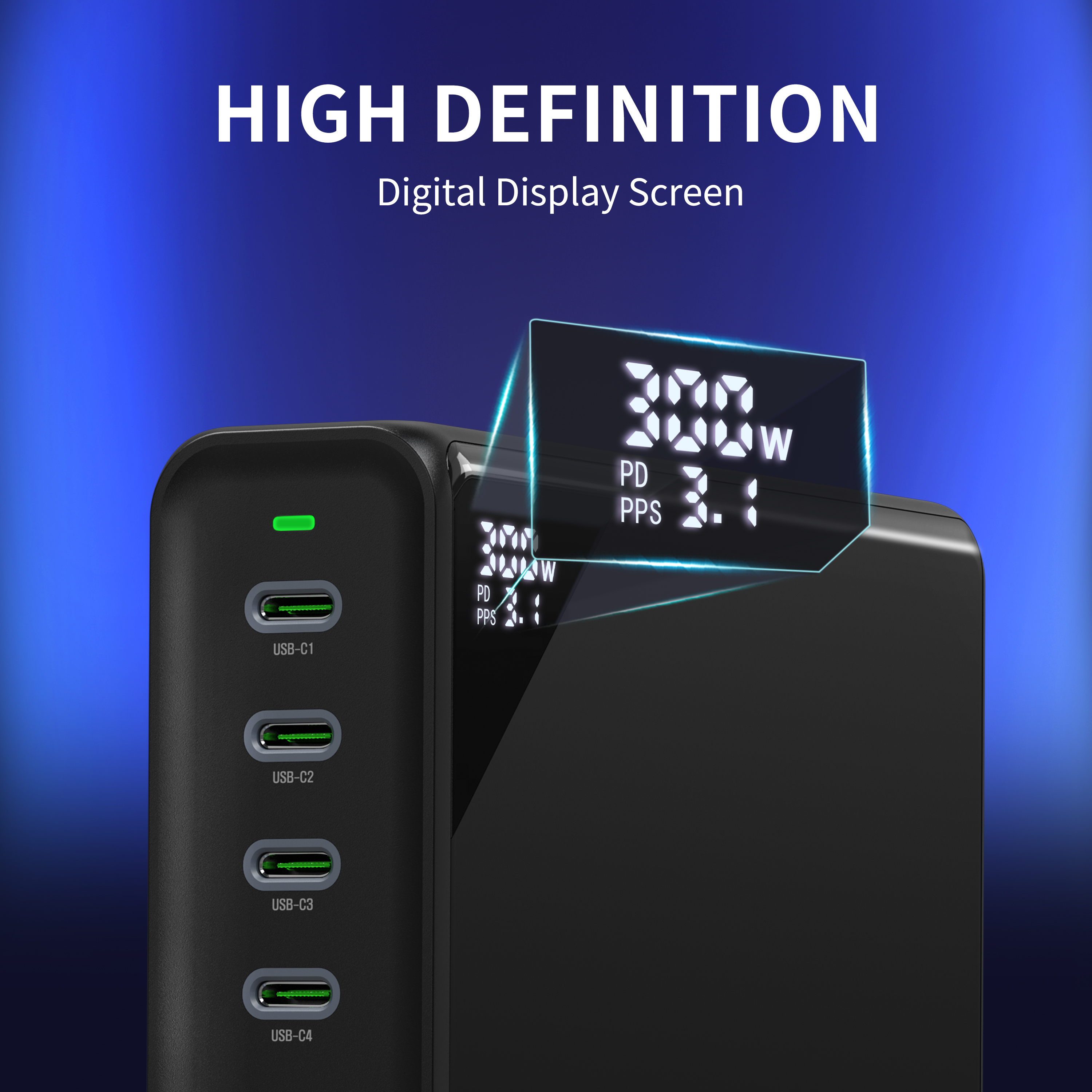 HUNDA 300W USB C Charger GaN Charging Station Desktop 5 Ports PD 100W Fast Power Adapter Support PD3.0 /PPS 45W /QC5 for MacBook Pro/Air, iPhone 15 Pro,Samsung,HP,Dell etc