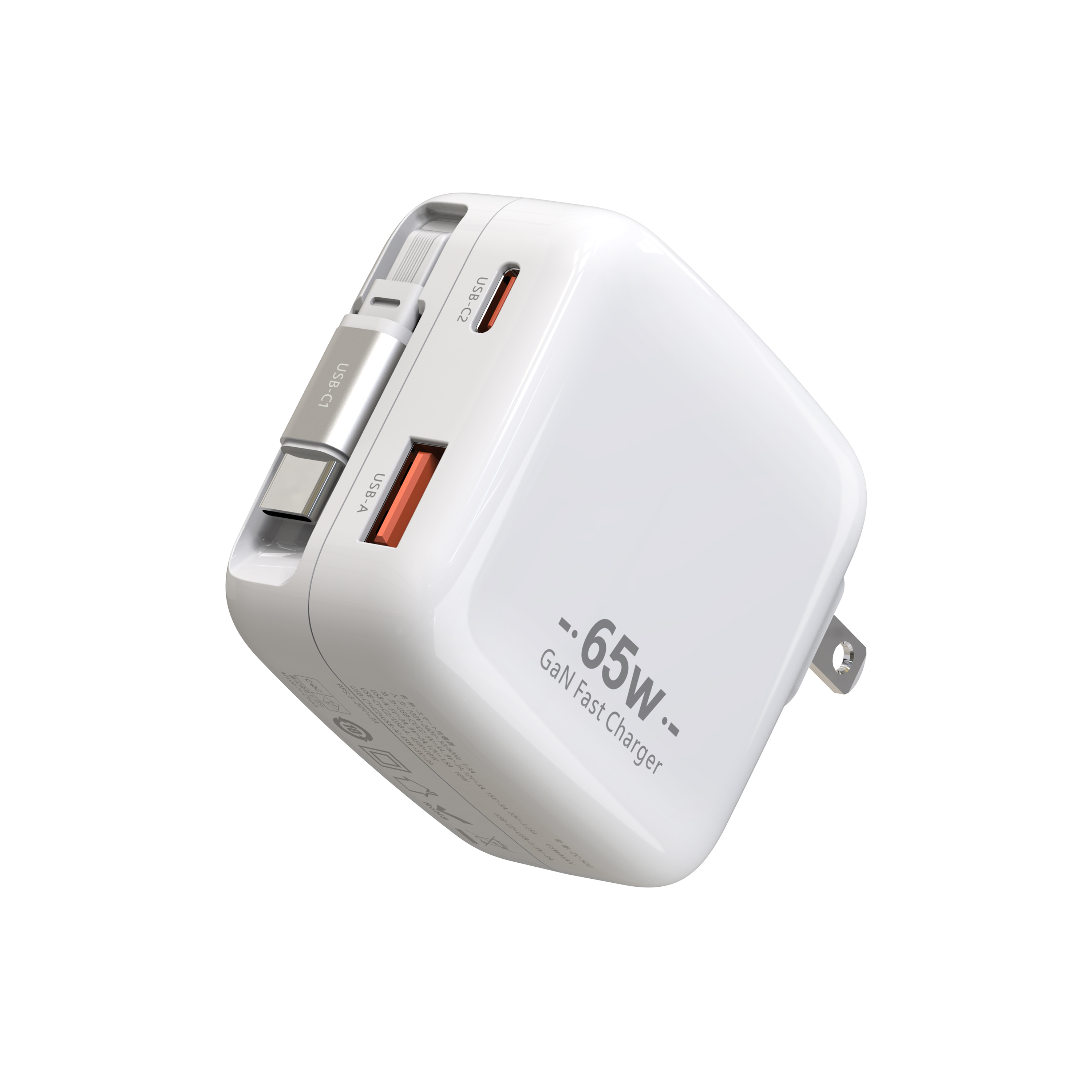 65W Retractable USB C Charger,3 in 1 Fast Charging Block with Foldable Plug,GaN Fast Charging Travel Charger for MacBook,iPad,iPhone 17/16/15,Galaxy