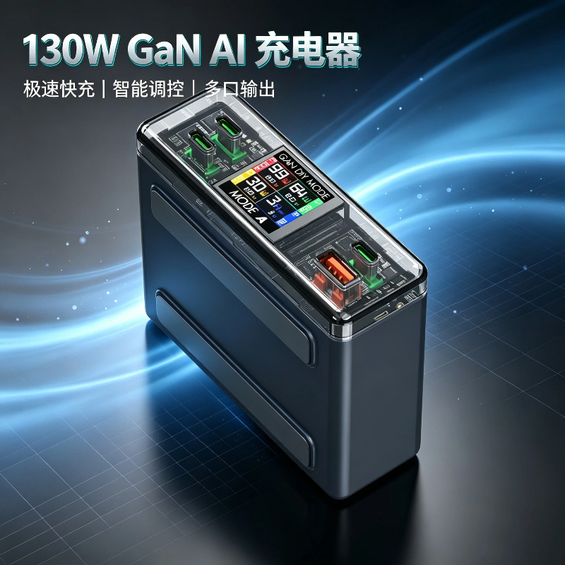 GaN+ 130W PD Charger, USB C Charger 6-Port with AI Smart TFT Display & Touch Control, desktop charger,USB Charging Station GaN Multiport Fast Charger