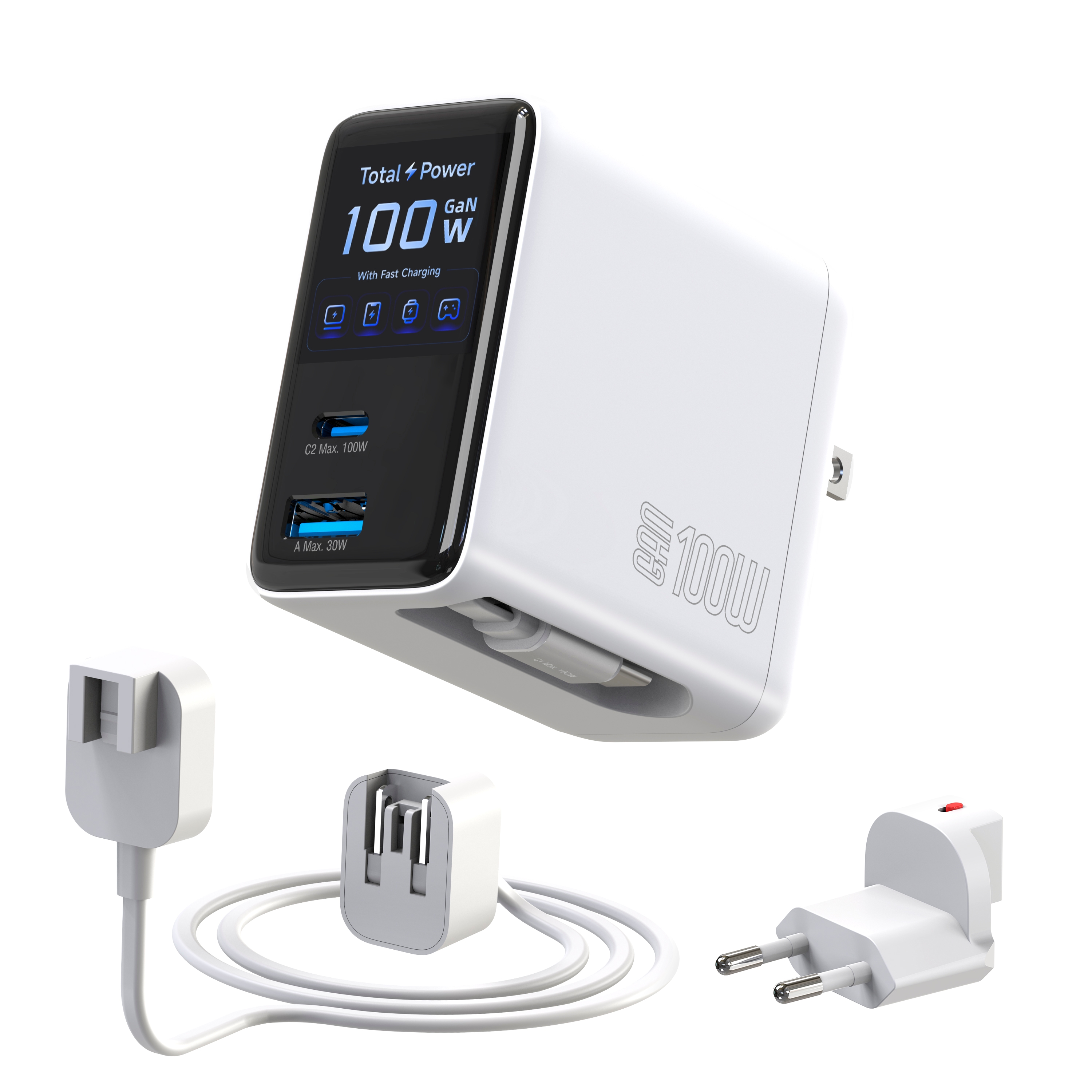 Compact 100W GaN Retractable USB C Wall Charger with Smart Display | Durable Built-in Retractable Cable, C1-100W C2-100W A1-30W, Compatible with MacBook, IPhone, Galaxy, Pixel, IPad, DJ