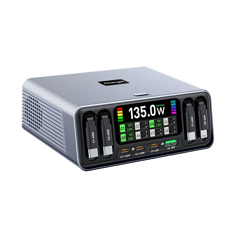 165W Charging Station, 8-Port GaN Desktop Charging Station with Smart Display and Retractable Cable, USB C Charger Station for iPhone, Galaxy, MacBook, Dell and Desk Accessorie