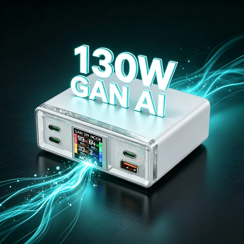 GaN+ 130W PD Charger, USB C Charger 6-Port with AI Smart TFT Display & Touch Control, desktop charger,USB Charging Station GaN Multiport Fast Charger