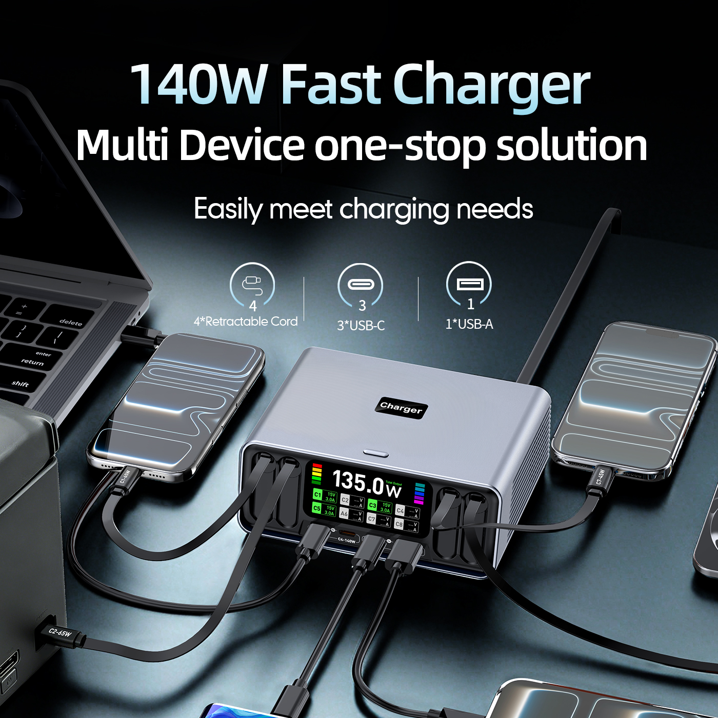 165W Charging Station, 8-Port GaN Desktop Charging Station with Smart Display and Retractable Cable, USB C Charger Station for iPhone, Galaxy, MacBook, Dell and Desk Accessorie